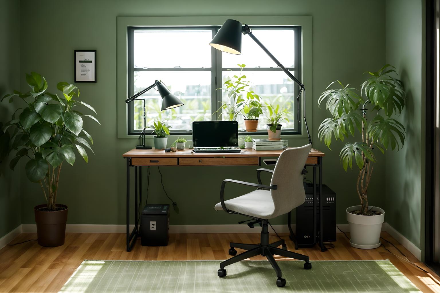 eco-friendly-style (home office interior) with plant and office chair and desk lamp and cabinets and computer desk and plant. . . cinematic photo, highly detailed, cinematic lighting, ultra-detailed, ultrarealistic, photorealism, 8k. eco-friendly interior design style. masterpiece, cinematic light, ultrarealistic+, photorealistic+, 8k, raw photo, realistic, sharp focus on eyes, (symmetrical eyes), (intact eyes), hyperrealistic, highest quality, best quality, , highly detailed, masterpiece, best quality, extremely detailed 8k wallpaper, masterpiece, best quality, ultra-detailed, best shadow, detailed background, detailed face, detailed eyes, high contrast, best illumination, detailed face, dulux, caustic, dynamic angle, detailed glow. dramatic lighting. highly detailed, insanely detailed hair, symmetrical, intricate details, professionally retouched, 8k high definition. strong bokeh. award winning photo.