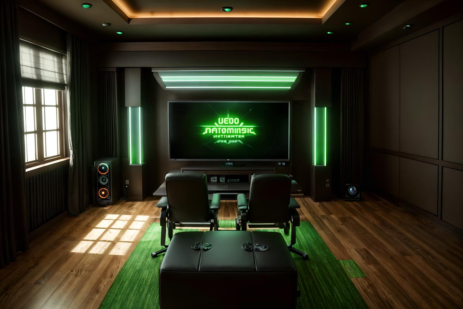 eco-friendly-style (gaming room interior) . . cinematic photo, highly detailed, cinematic lighting, ultra-detailed, ultrarealistic, photorealism, 8k. eco-friendly interior design style. masterpiece, cinematic light, ultrarealistic+, photorealistic+, 8k, raw photo, realistic, sharp focus on eyes, (symmetrical eyes), (intact eyes), hyperrealistic, highest quality, best quality, , highly detailed, masterpiece, best quality, extremely detailed 8k wallpaper, masterpiece, best quality, ultra-detailed, best shadow, detailed background, detailed face, detailed eyes, high contrast, best illumination, detailed face, dulux, caustic, dynamic angle, detailed glow. dramatic lighting. highly detailed, insanely detailed hair, symmetrical, intricate details, professionally retouched, 8k high definition. strong bokeh. award winning photo.