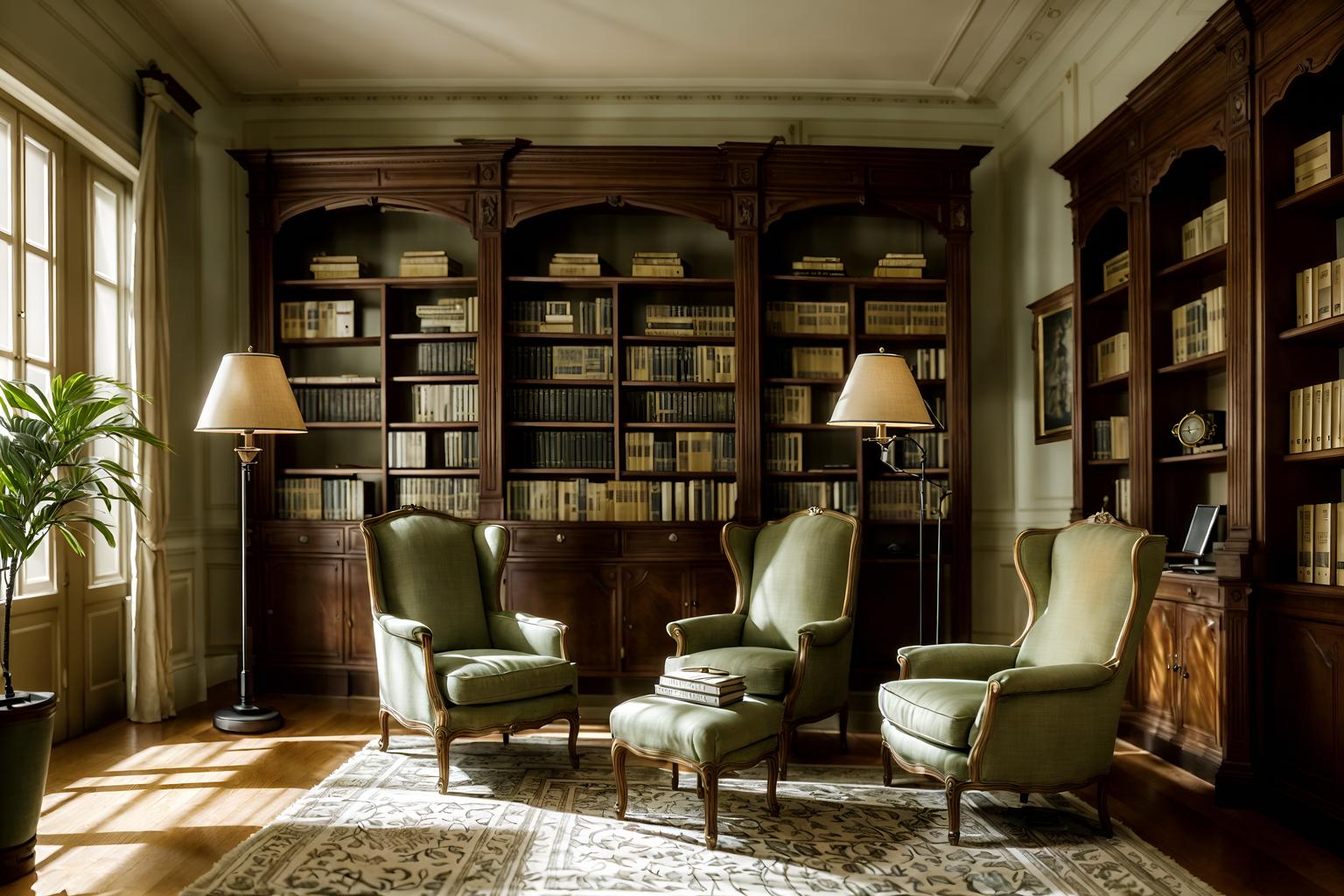 french-style (study room interior) with plant and bookshelves and writing desk and desk lamp and office chair and cabinets and lounge chair and plant. . . cinematic photo, highly detailed, cinematic lighting, ultra-detailed, ultrarealistic, photorealism, 8k. french interior design style. masterpiece, cinematic light, ultrarealistic+, photorealistic+, 8k, raw photo, realistic, sharp focus on eyes, (symmetrical eyes), (intact eyes), hyperrealistic, highest quality, best quality, , highly detailed, masterpiece, best quality, extremely detailed 8k wallpaper, masterpiece, best quality, ultra-detailed, best shadow, detailed background, detailed face, detailed eyes, high contrast, best illumination, detailed face, dulux, caustic, dynamic angle, detailed glow. dramatic lighting. highly detailed, insanely detailed hair, symmetrical, intricate details, professionally retouched, 8k high definition. strong bokeh. award winning photo.