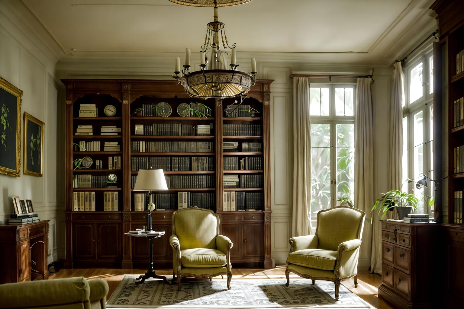 french-style (study room interior) with plant and bookshelves and writing desk and desk lamp and office chair and cabinets and lounge chair and plant. . . cinematic photo, highly detailed, cinematic lighting, ultra-detailed, ultrarealistic, photorealism, 8k. french interior design style. masterpiece, cinematic light, ultrarealistic+, photorealistic+, 8k, raw photo, realistic, sharp focus on eyes, (symmetrical eyes), (intact eyes), hyperrealistic, highest quality, best quality, , highly detailed, masterpiece, best quality, extremely detailed 8k wallpaper, masterpiece, best quality, ultra-detailed, best shadow, detailed background, detailed face, detailed eyes, high contrast, best illumination, detailed face, dulux, caustic, dynamic angle, detailed glow. dramatic lighting. highly detailed, insanely detailed hair, symmetrical, intricate details, professionally retouched, 8k high definition. strong bokeh. award winning photo.