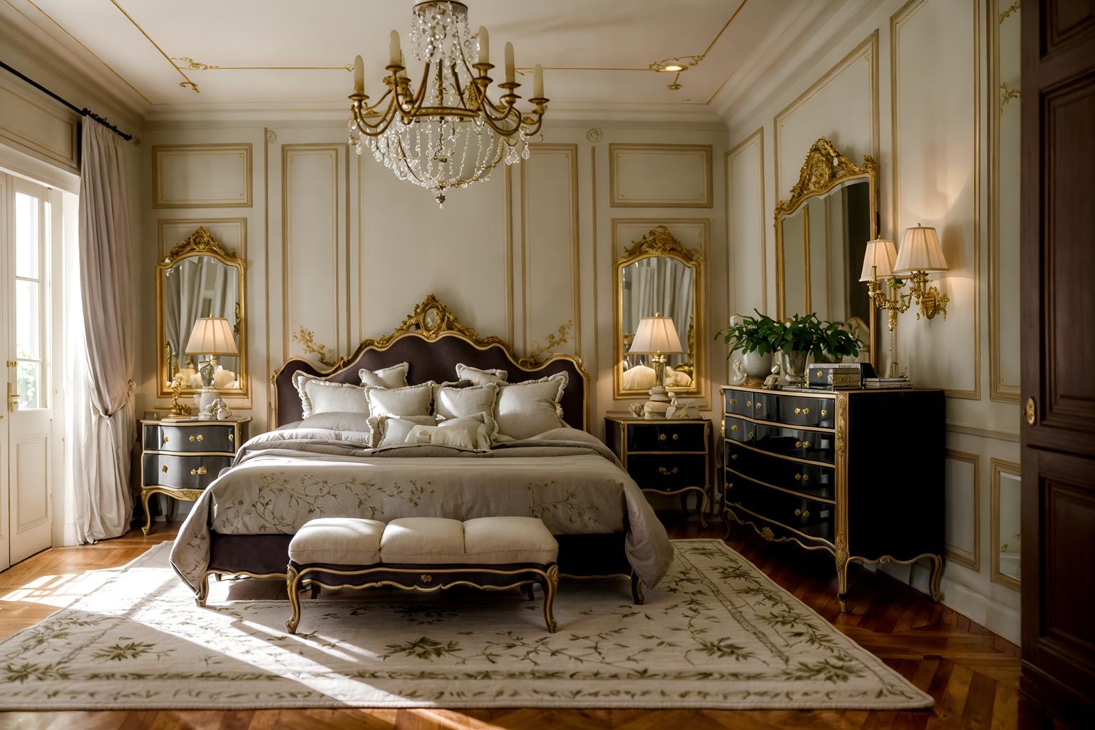 french-style (bedroom interior) with headboard and night light and mirror and dresser closet and bed and accent chair and plant and storage bench or ottoman. . . cinematic photo, highly detailed, cinematic lighting, ultra-detailed, ultrarealistic, photorealism, 8k. french interior design style. masterpiece, cinematic light, ultrarealistic+, photorealistic+, 8k, raw photo, realistic, sharp focus on eyes, (symmetrical eyes), (intact eyes), hyperrealistic, highest quality, best quality, , highly detailed, masterpiece, best quality, extremely detailed 8k wallpaper, masterpiece, best quality, ultra-detailed, best shadow, detailed background, detailed face, detailed eyes, high contrast, best illumination, detailed face, dulux, caustic, dynamic angle, detailed glow. dramatic lighting. highly detailed, insanely detailed hair, symmetrical, intricate details, professionally retouched, 8k high definition. strong bokeh. award winning photo.