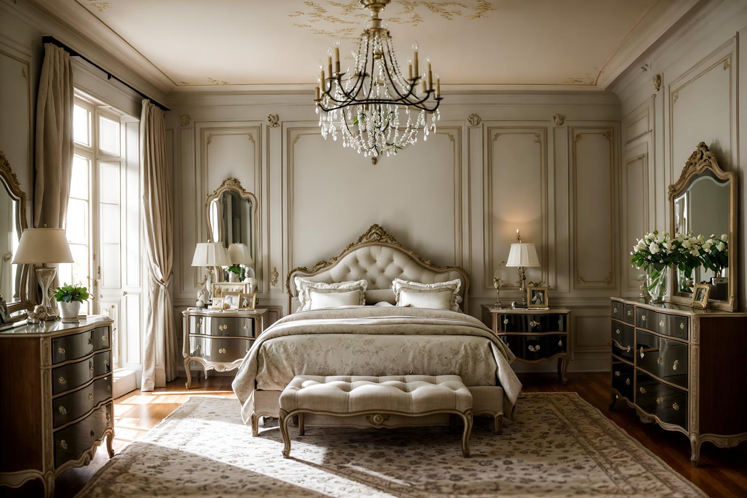 french-style (bedroom interior) with headboard and night light and mirror and dresser closet and bed and accent chair and plant and storage bench or ottoman. . . cinematic photo, highly detailed, cinematic lighting, ultra-detailed, ultrarealistic, photorealism, 8k. french interior design style. masterpiece, cinematic light, ultrarealistic+, photorealistic+, 8k, raw photo, realistic, sharp focus on eyes, (symmetrical eyes), (intact eyes), hyperrealistic, highest quality, best quality, , highly detailed, masterpiece, best quality, extremely detailed 8k wallpaper, masterpiece, best quality, ultra-detailed, best shadow, detailed background, detailed face, detailed eyes, high contrast, best illumination, detailed face, dulux, caustic, dynamic angle, detailed glow. dramatic lighting. highly detailed, insanely detailed hair, symmetrical, intricate details, professionally retouched, 8k high definition. strong bokeh. award winning photo.