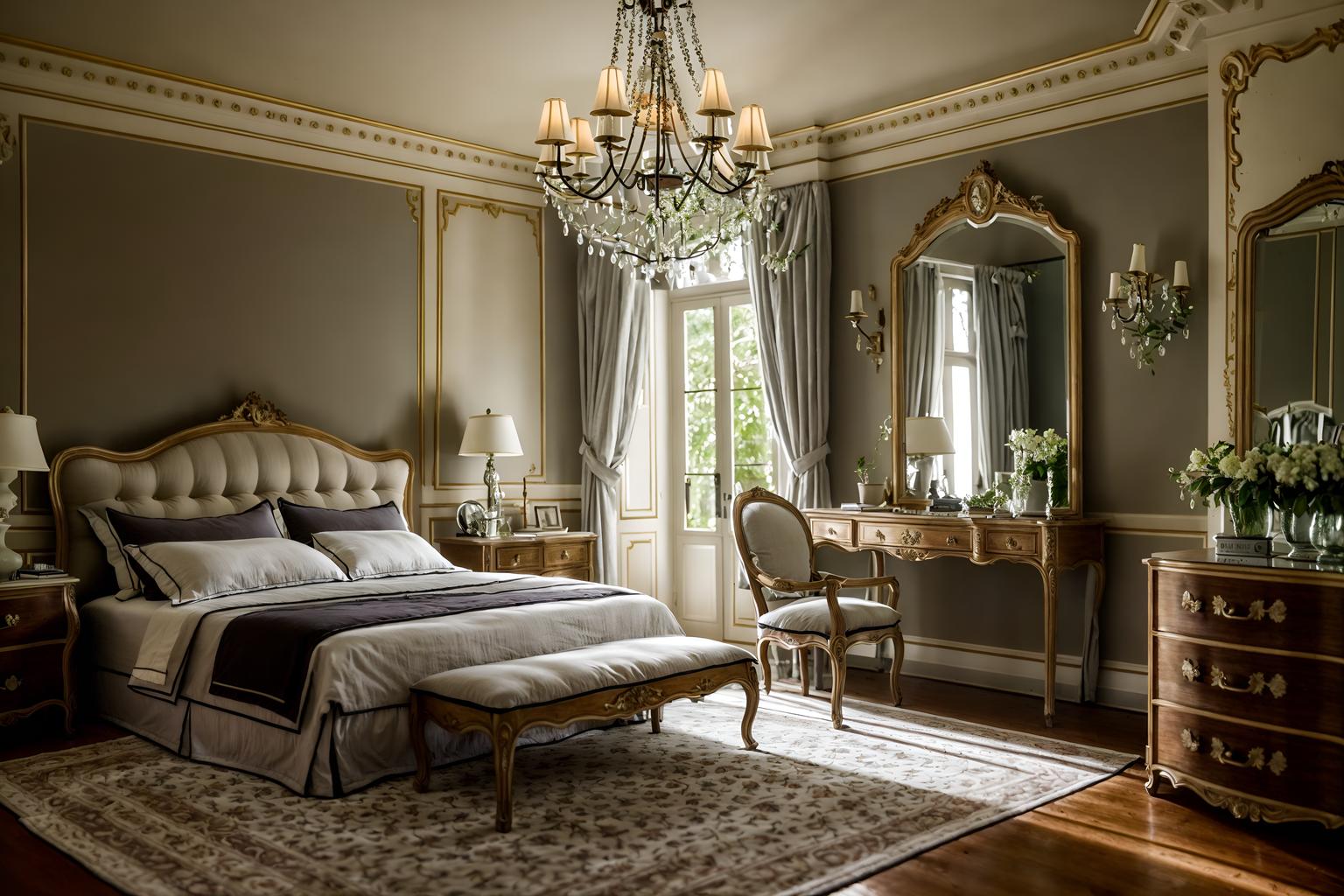 french-style (bedroom interior) with headboard and night light and mirror and dresser closet and bed and accent chair and plant and storage bench or ottoman. . . cinematic photo, highly detailed, cinematic lighting, ultra-detailed, ultrarealistic, photorealism, 8k. french interior design style. masterpiece, cinematic light, ultrarealistic+, photorealistic+, 8k, raw photo, realistic, sharp focus on eyes, (symmetrical eyes), (intact eyes), hyperrealistic, highest quality, best quality, , highly detailed, masterpiece, best quality, extremely detailed 8k wallpaper, masterpiece, best quality, ultra-detailed, best shadow, detailed background, detailed face, detailed eyes, high contrast, best illumination, detailed face, dulux, caustic, dynamic angle, detailed glow. dramatic lighting. highly detailed, insanely detailed hair, symmetrical, intricate details, professionally retouched, 8k high definition. strong bokeh. award winning photo.