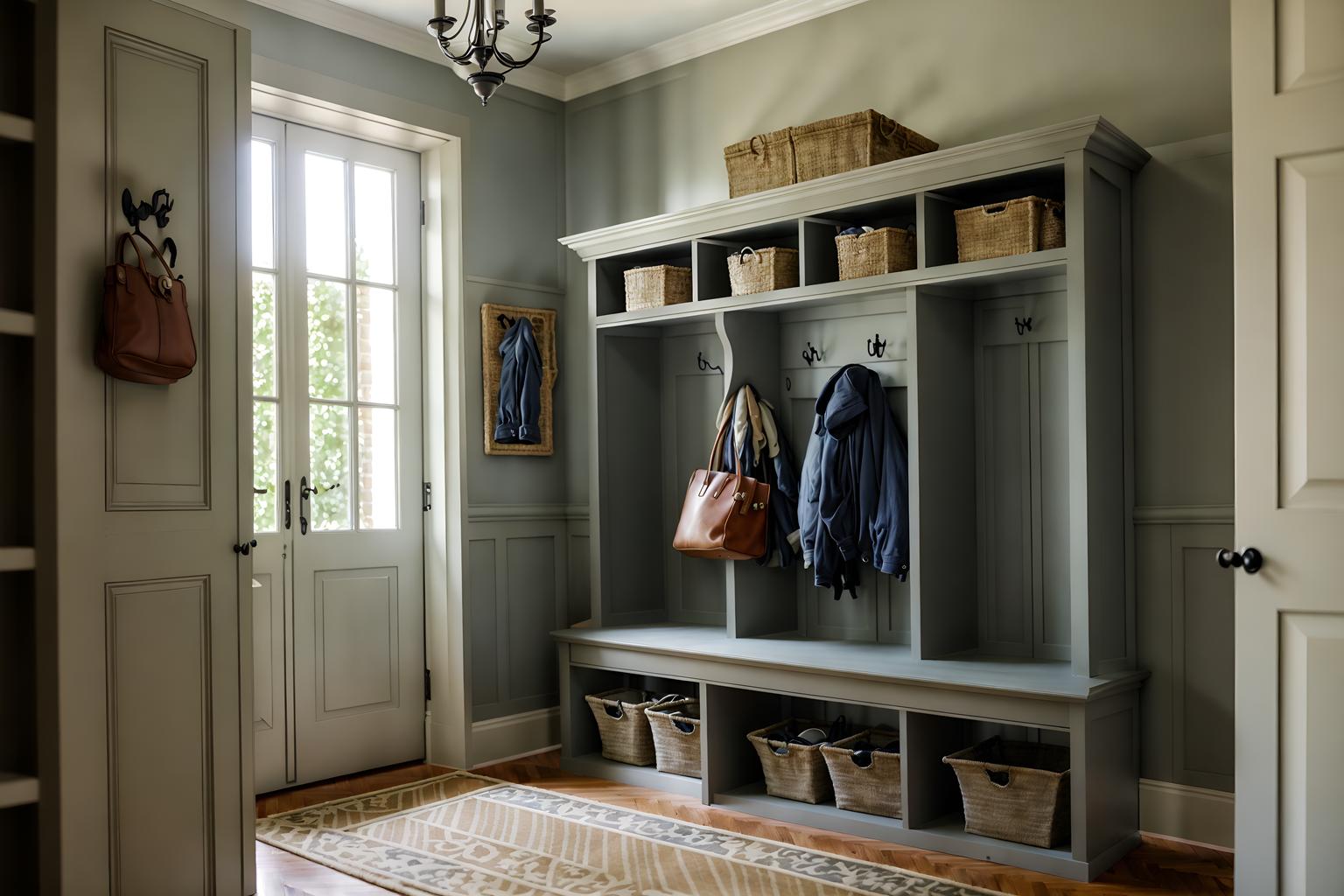 french-style (mudroom interior) with wall hooks for coats and high up storage and cubbies and a bench and cabinets and storage baskets and storage drawers and shelves for shoes. . . cinematic photo, highly detailed, cinematic lighting, ultra-detailed, ultrarealistic, photorealism, 8k. french interior design style. masterpiece, cinematic light, ultrarealistic+, photorealistic+, 8k, raw photo, realistic, sharp focus on eyes, (symmetrical eyes), (intact eyes), hyperrealistic, highest quality, best quality, , highly detailed, masterpiece, best quality, extremely detailed 8k wallpaper, masterpiece, best quality, ultra-detailed, best shadow, detailed background, detailed face, detailed eyes, high contrast, best illumination, detailed face, dulux, caustic, dynamic angle, detailed glow. dramatic lighting. highly detailed, insanely detailed hair, symmetrical, intricate details, professionally retouched, 8k high definition. strong bokeh. award winning photo.