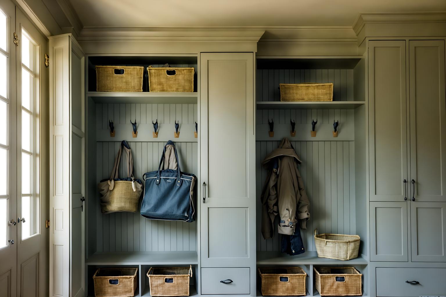 french-style (mudroom interior) with wall hooks for coats and high up storage and cubbies and a bench and cabinets and storage baskets and storage drawers and shelves for shoes. . . cinematic photo, highly detailed, cinematic lighting, ultra-detailed, ultrarealistic, photorealism, 8k. french interior design style. masterpiece, cinematic light, ultrarealistic+, photorealistic+, 8k, raw photo, realistic, sharp focus on eyes, (symmetrical eyes), (intact eyes), hyperrealistic, highest quality, best quality, , highly detailed, masterpiece, best quality, extremely detailed 8k wallpaper, masterpiece, best quality, ultra-detailed, best shadow, detailed background, detailed face, detailed eyes, high contrast, best illumination, detailed face, dulux, caustic, dynamic angle, detailed glow. dramatic lighting. highly detailed, insanely detailed hair, symmetrical, intricate details, professionally retouched, 8k high definition. strong bokeh. award winning photo.