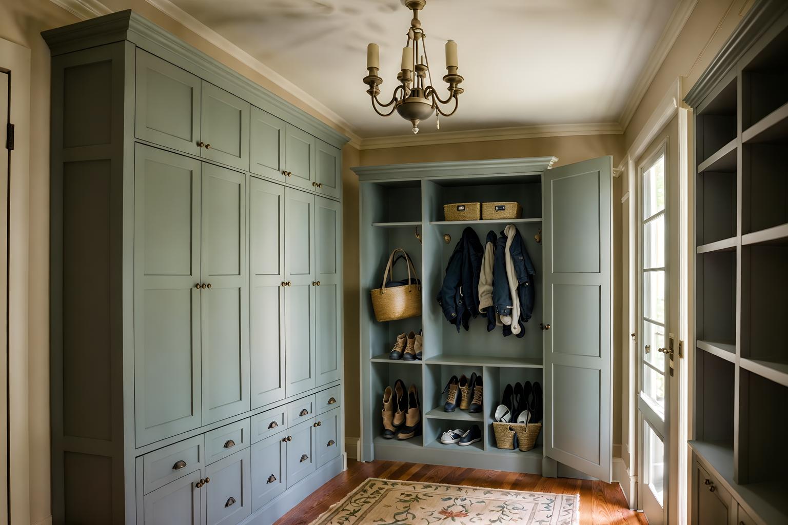 french-style (mudroom interior) with wall hooks for coats and high up storage and cubbies and a bench and cabinets and storage baskets and storage drawers and shelves for shoes. . . cinematic photo, highly detailed, cinematic lighting, ultra-detailed, ultrarealistic, photorealism, 8k. french interior design style. masterpiece, cinematic light, ultrarealistic+, photorealistic+, 8k, raw photo, realistic, sharp focus on eyes, (symmetrical eyes), (intact eyes), hyperrealistic, highest quality, best quality, , highly detailed, masterpiece, best quality, extremely detailed 8k wallpaper, masterpiece, best quality, ultra-detailed, best shadow, detailed background, detailed face, detailed eyes, high contrast, best illumination, detailed face, dulux, caustic, dynamic angle, detailed glow. dramatic lighting. highly detailed, insanely detailed hair, symmetrical, intricate details, professionally retouched, 8k high definition. strong bokeh. award winning photo.