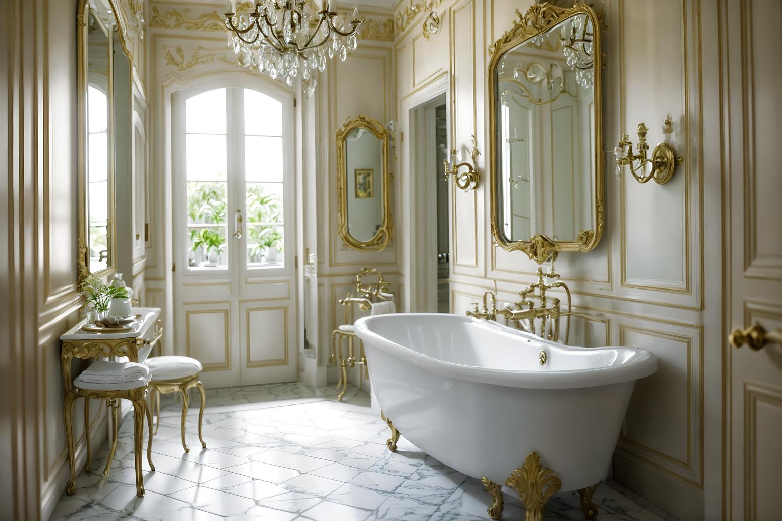 french-style (bathroom interior) with bath rail and bathroom cabinet and plant and bathtub and toilet seat and mirror and waste basket and bathroom sink with faucet. . . cinematic photo, highly detailed, cinematic lighting, ultra-detailed, ultrarealistic, photorealism, 8k. french interior design style. masterpiece, cinematic light, ultrarealistic+, photorealistic+, 8k, raw photo, realistic, sharp focus on eyes, (symmetrical eyes), (intact eyes), hyperrealistic, highest quality, best quality, , highly detailed, masterpiece, best quality, extremely detailed 8k wallpaper, masterpiece, best quality, ultra-detailed, best shadow, detailed background, detailed face, detailed eyes, high contrast, best illumination, detailed face, dulux, caustic, dynamic angle, detailed glow. dramatic lighting. highly detailed, insanely detailed hair, symmetrical, intricate details, professionally retouched, 8k high definition. strong bokeh. award winning photo.