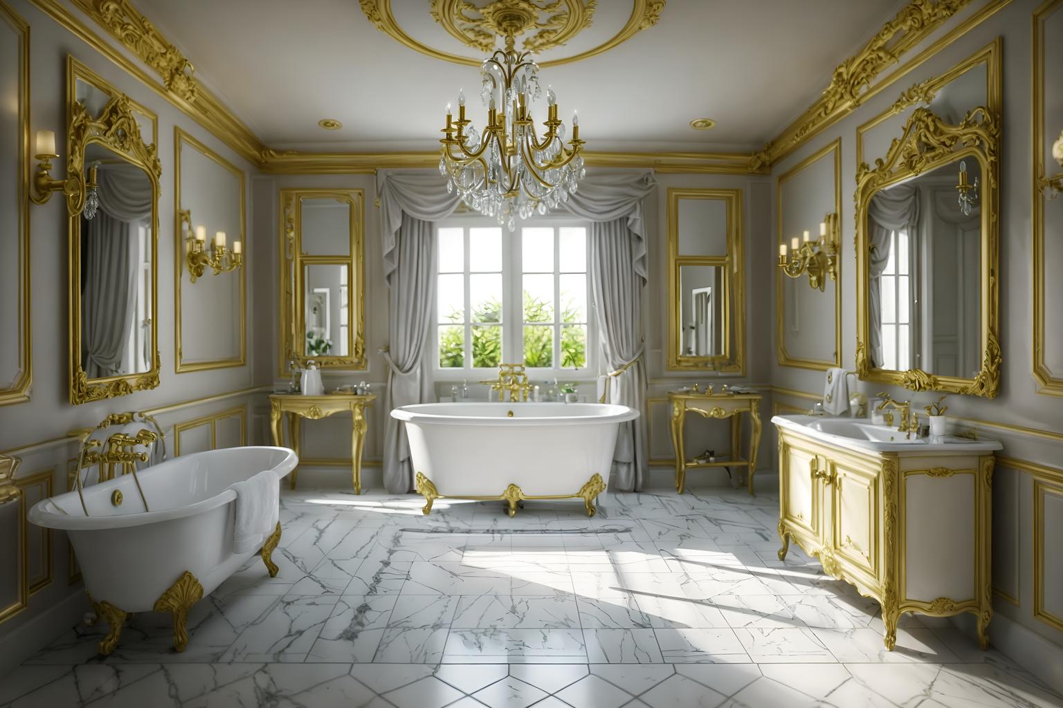 french-style (bathroom interior) with bath rail and bathroom cabinet and plant and bathtub and toilet seat and mirror and waste basket and bathroom sink with faucet. . . cinematic photo, highly detailed, cinematic lighting, ultra-detailed, ultrarealistic, photorealism, 8k. french interior design style. masterpiece, cinematic light, ultrarealistic+, photorealistic+, 8k, raw photo, realistic, sharp focus on eyes, (symmetrical eyes), (intact eyes), hyperrealistic, highest quality, best quality, , highly detailed, masterpiece, best quality, extremely detailed 8k wallpaper, masterpiece, best quality, ultra-detailed, best shadow, detailed background, detailed face, detailed eyes, high contrast, best illumination, detailed face, dulux, caustic, dynamic angle, detailed glow. dramatic lighting. highly detailed, insanely detailed hair, symmetrical, intricate details, professionally retouched, 8k high definition. strong bokeh. award winning photo.