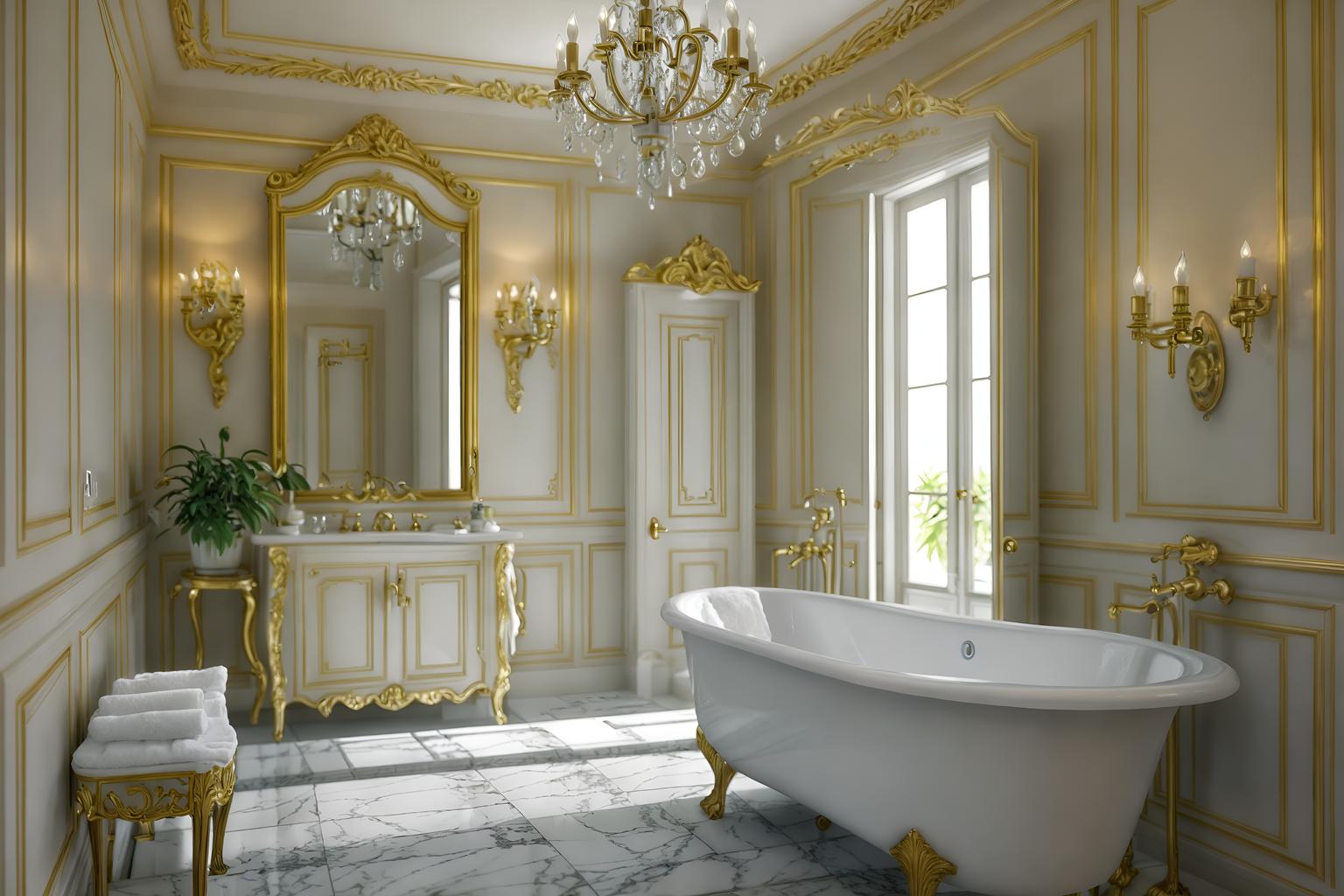 french-style (bathroom interior) with bath rail and bathroom cabinet and plant and bathtub and toilet seat and mirror and waste basket and bathroom sink with faucet. . . cinematic photo, highly detailed, cinematic lighting, ultra-detailed, ultrarealistic, photorealism, 8k. french interior design style. masterpiece, cinematic light, ultrarealistic+, photorealistic+, 8k, raw photo, realistic, sharp focus on eyes, (symmetrical eyes), (intact eyes), hyperrealistic, highest quality, best quality, , highly detailed, masterpiece, best quality, extremely detailed 8k wallpaper, masterpiece, best quality, ultra-detailed, best shadow, detailed background, detailed face, detailed eyes, high contrast, best illumination, detailed face, dulux, caustic, dynamic angle, detailed glow. dramatic lighting. highly detailed, insanely detailed hair, symmetrical, intricate details, professionally retouched, 8k high definition. strong bokeh. award winning photo.