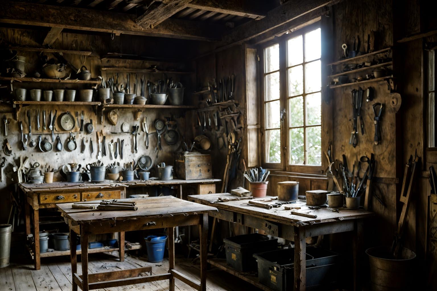 french-style (workshop interior) with messy and wooden workbench and tool wall and messy. . . cinematic photo, highly detailed, cinematic lighting, ultra-detailed, ultrarealistic, photorealism, 8k. french interior design style. masterpiece, cinematic light, ultrarealistic+, photorealistic+, 8k, raw photo, realistic, sharp focus on eyes, (symmetrical eyes), (intact eyes), hyperrealistic, highest quality, best quality, , highly detailed, masterpiece, best quality, extremely detailed 8k wallpaper, masterpiece, best quality, ultra-detailed, best shadow, detailed background, detailed face, detailed eyes, high contrast, best illumination, detailed face, dulux, caustic, dynamic angle, detailed glow. dramatic lighting. highly detailed, insanely detailed hair, symmetrical, intricate details, professionally retouched, 8k high definition. strong bokeh. award winning photo.