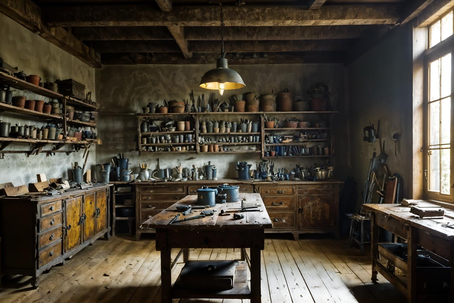 french-style (workshop interior) with messy and wooden workbench and tool wall and messy. . . cinematic photo, highly detailed, cinematic lighting, ultra-detailed, ultrarealistic, photorealism, 8k. french interior design style. masterpiece, cinematic light, ultrarealistic+, photorealistic+, 8k, raw photo, realistic, sharp focus on eyes, (symmetrical eyes), (intact eyes), hyperrealistic, highest quality, best quality, , highly detailed, masterpiece, best quality, extremely detailed 8k wallpaper, masterpiece, best quality, ultra-detailed, best shadow, detailed background, detailed face, detailed eyes, high contrast, best illumination, detailed face, dulux, caustic, dynamic angle, detailed glow. dramatic lighting. highly detailed, insanely detailed hair, symmetrical, intricate details, professionally retouched, 8k high definition. strong bokeh. award winning photo.
