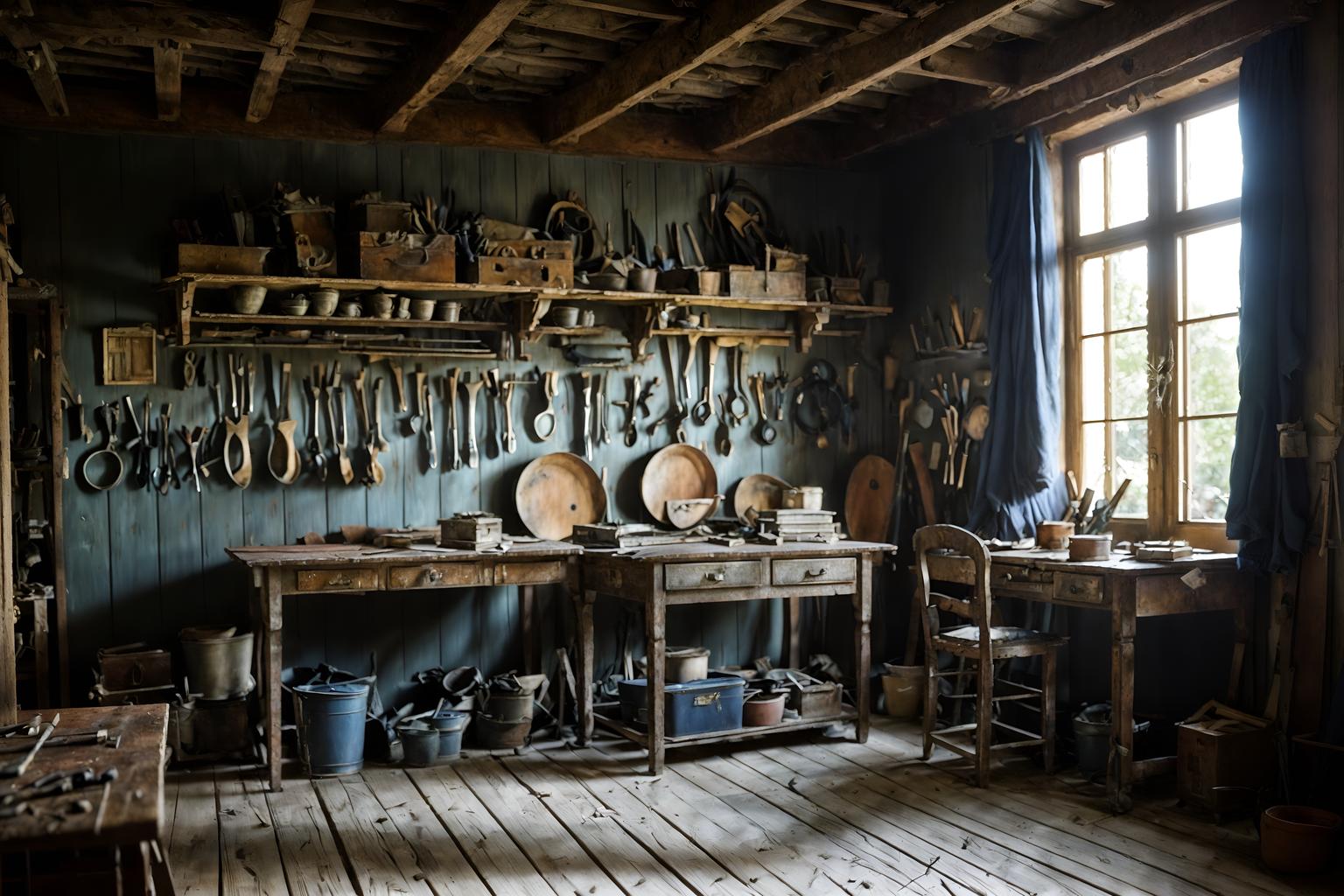 french-style (workshop interior) with messy and wooden workbench and tool wall and messy. . . cinematic photo, highly detailed, cinematic lighting, ultra-detailed, ultrarealistic, photorealism, 8k. french interior design style. masterpiece, cinematic light, ultrarealistic+, photorealistic+, 8k, raw photo, realistic, sharp focus on eyes, (symmetrical eyes), (intact eyes), hyperrealistic, highest quality, best quality, , highly detailed, masterpiece, best quality, extremely detailed 8k wallpaper, masterpiece, best quality, ultra-detailed, best shadow, detailed background, detailed face, detailed eyes, high contrast, best illumination, detailed face, dulux, caustic, dynamic angle, detailed glow. dramatic lighting. highly detailed, insanely detailed hair, symmetrical, intricate details, professionally retouched, 8k high definition. strong bokeh. award winning photo.