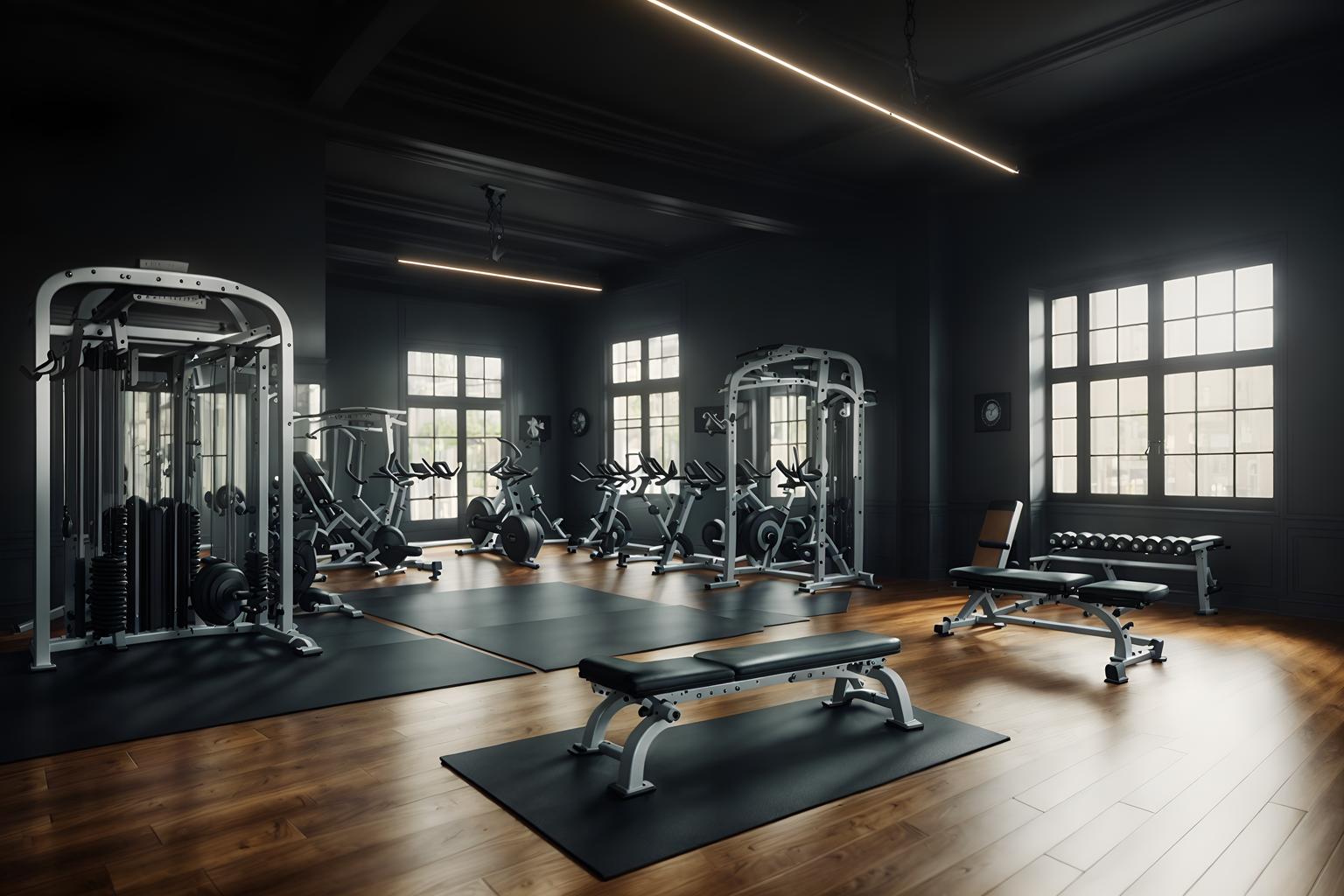 french-style (fitness gym interior) with exercise bicycle and crosstrainer and dumbbell stand and bench press and squat rack and exercise bicycle. . . cinematic photo, highly detailed, cinematic lighting, ultra-detailed, ultrarealistic, photorealism, 8k. french interior design style. masterpiece, cinematic light, ultrarealistic+, photorealistic+, 8k, raw photo, realistic, sharp focus on eyes, (symmetrical eyes), (intact eyes), hyperrealistic, highest quality, best quality, , highly detailed, masterpiece, best quality, extremely detailed 8k wallpaper, masterpiece, best quality, ultra-detailed, best shadow, detailed background, detailed face, detailed eyes, high contrast, best illumination, detailed face, dulux, caustic, dynamic angle, detailed glow. dramatic lighting. highly detailed, insanely detailed hair, symmetrical, intricate details, professionally retouched, 8k high definition. strong bokeh. award winning photo.