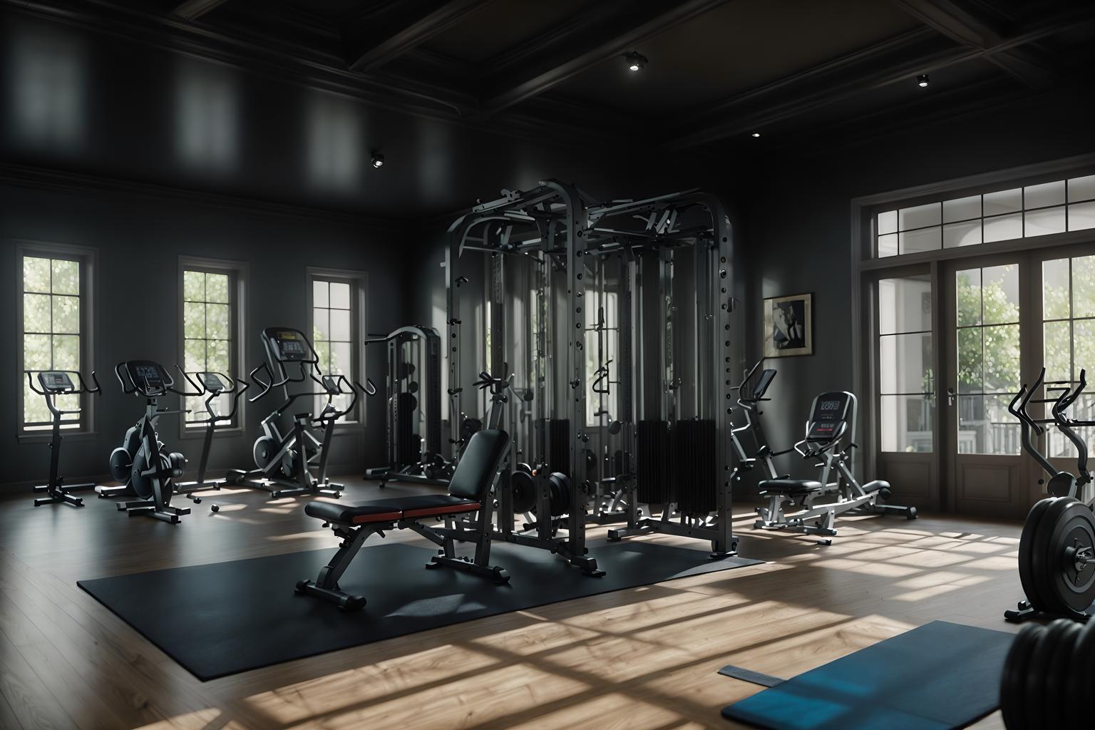 french-style (fitness gym interior) with exercise bicycle and crosstrainer and dumbbell stand and bench press and squat rack and exercise bicycle. . . cinematic photo, highly detailed, cinematic lighting, ultra-detailed, ultrarealistic, photorealism, 8k. french interior design style. masterpiece, cinematic light, ultrarealistic+, photorealistic+, 8k, raw photo, realistic, sharp focus on eyes, (symmetrical eyes), (intact eyes), hyperrealistic, highest quality, best quality, , highly detailed, masterpiece, best quality, extremely detailed 8k wallpaper, masterpiece, best quality, ultra-detailed, best shadow, detailed background, detailed face, detailed eyes, high contrast, best illumination, detailed face, dulux, caustic, dynamic angle, detailed glow. dramatic lighting. highly detailed, insanely detailed hair, symmetrical, intricate details, professionally retouched, 8k high definition. strong bokeh. award winning photo.