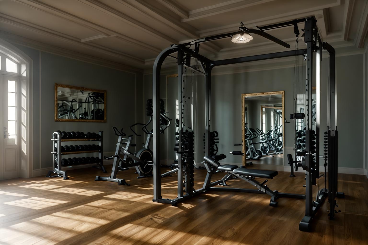 french-style (fitness gym interior) with exercise bicycle and crosstrainer and dumbbell stand and bench press and squat rack and exercise bicycle. . . cinematic photo, highly detailed, cinematic lighting, ultra-detailed, ultrarealistic, photorealism, 8k. french interior design style. masterpiece, cinematic light, ultrarealistic+, photorealistic+, 8k, raw photo, realistic, sharp focus on eyes, (symmetrical eyes), (intact eyes), hyperrealistic, highest quality, best quality, , highly detailed, masterpiece, best quality, extremely detailed 8k wallpaper, masterpiece, best quality, ultra-detailed, best shadow, detailed background, detailed face, detailed eyes, high contrast, best illumination, detailed face, dulux, caustic, dynamic angle, detailed glow. dramatic lighting. highly detailed, insanely detailed hair, symmetrical, intricate details, professionally retouched, 8k high definition. strong bokeh. award winning photo.