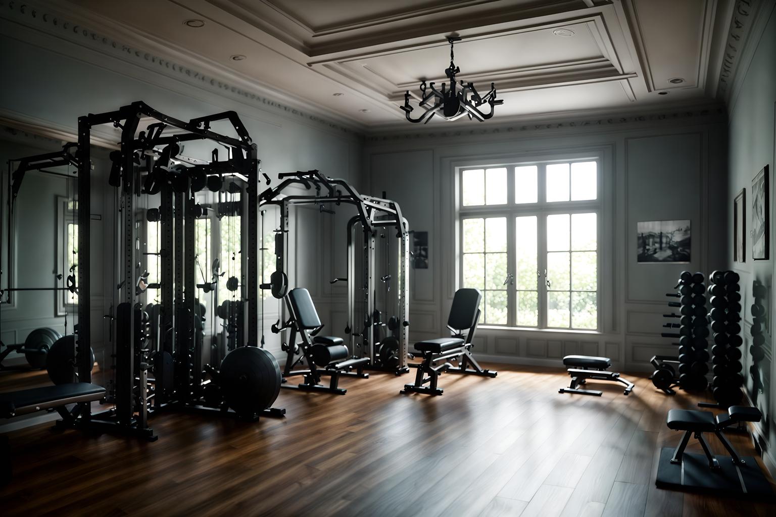 french-style (fitness gym interior) with exercise bicycle and crosstrainer and dumbbell stand and bench press and squat rack and exercise bicycle. . . cinematic photo, highly detailed, cinematic lighting, ultra-detailed, ultrarealistic, photorealism, 8k. french interior design style. masterpiece, cinematic light, ultrarealistic+, photorealistic+, 8k, raw photo, realistic, sharp focus on eyes, (symmetrical eyes), (intact eyes), hyperrealistic, highest quality, best quality, , highly detailed, masterpiece, best quality, extremely detailed 8k wallpaper, masterpiece, best quality, ultra-detailed, best shadow, detailed background, detailed face, detailed eyes, high contrast, best illumination, detailed face, dulux, caustic, dynamic angle, detailed glow. dramatic lighting. highly detailed, insanely detailed hair, symmetrical, intricate details, professionally retouched, 8k high definition. strong bokeh. award winning photo.