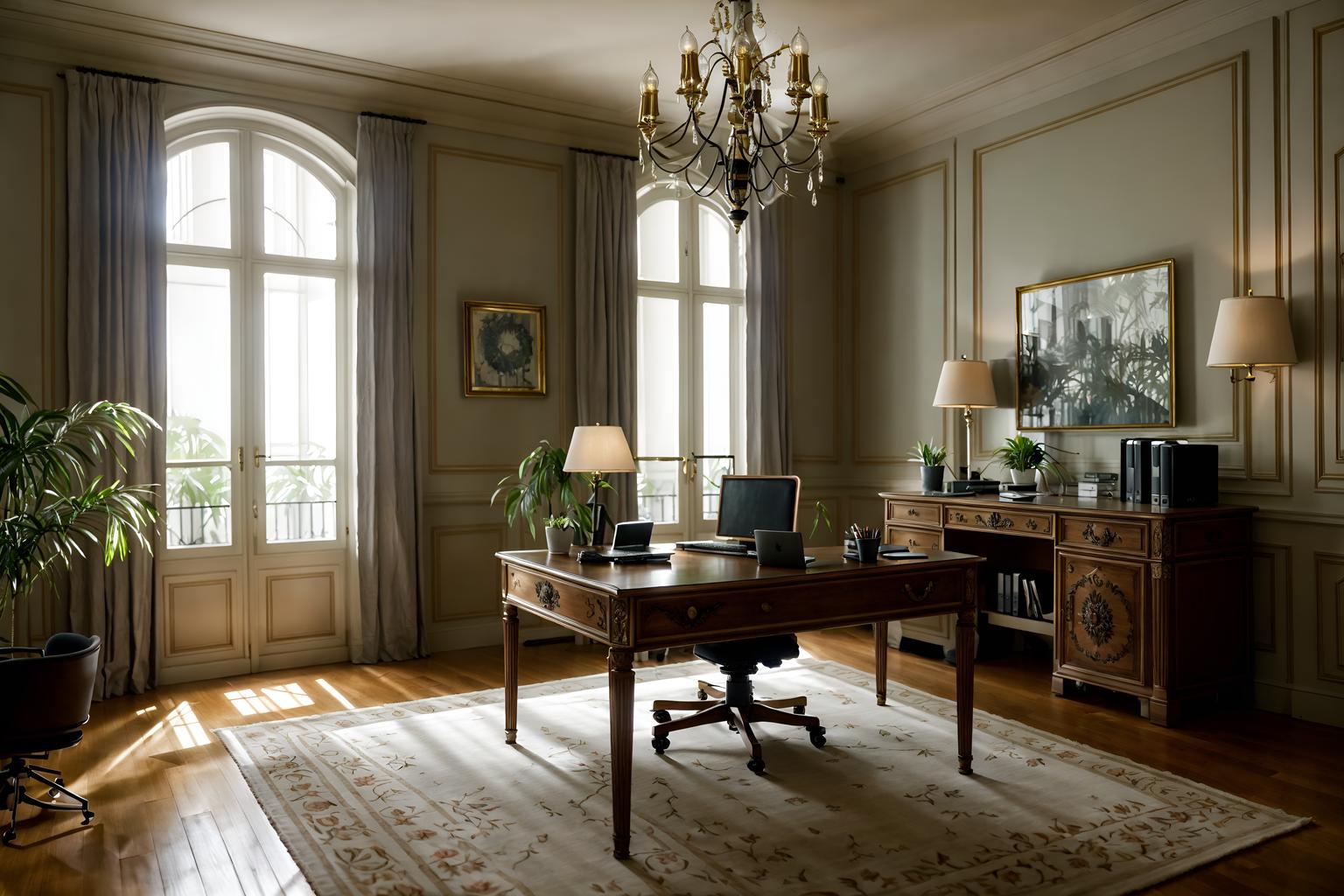 french-style (home office interior) with computer desk and office chair and plant and desk lamp and cabinets and computer desk. . . cinematic photo, highly detailed, cinematic lighting, ultra-detailed, ultrarealistic, photorealism, 8k. french interior design style. masterpiece, cinematic light, ultrarealistic+, photorealistic+, 8k, raw photo, realistic, sharp focus on eyes, (symmetrical eyes), (intact eyes), hyperrealistic, highest quality, best quality, , highly detailed, masterpiece, best quality, extremely detailed 8k wallpaper, masterpiece, best quality, ultra-detailed, best shadow, detailed background, detailed face, detailed eyes, high contrast, best illumination, detailed face, dulux, caustic, dynamic angle, detailed glow. dramatic lighting. highly detailed, insanely detailed hair, symmetrical, intricate details, professionally retouched, 8k high definition. strong bokeh. award winning photo.