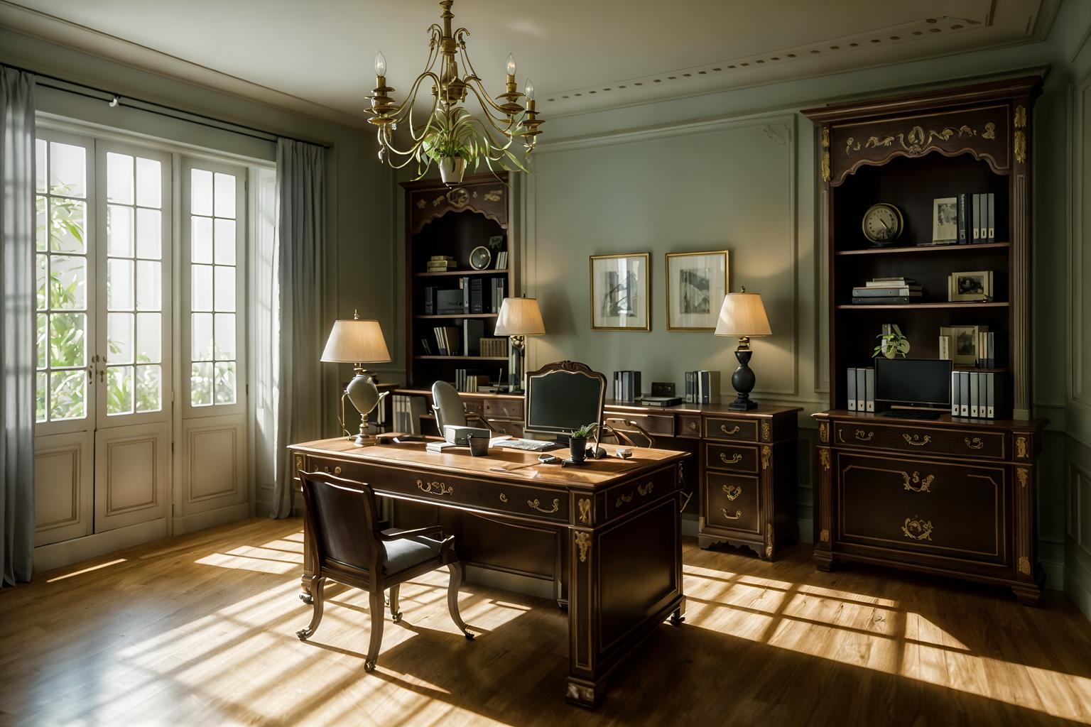 french-style (home office interior) with computer desk and office chair and plant and desk lamp and cabinets and computer desk. . . cinematic photo, highly detailed, cinematic lighting, ultra-detailed, ultrarealistic, photorealism, 8k. french interior design style. masterpiece, cinematic light, ultrarealistic+, photorealistic+, 8k, raw photo, realistic, sharp focus on eyes, (symmetrical eyes), (intact eyes), hyperrealistic, highest quality, best quality, , highly detailed, masterpiece, best quality, extremely detailed 8k wallpaper, masterpiece, best quality, ultra-detailed, best shadow, detailed background, detailed face, detailed eyes, high contrast, best illumination, detailed face, dulux, caustic, dynamic angle, detailed glow. dramatic lighting. highly detailed, insanely detailed hair, symmetrical, intricate details, professionally retouched, 8k high definition. strong bokeh. award winning photo.