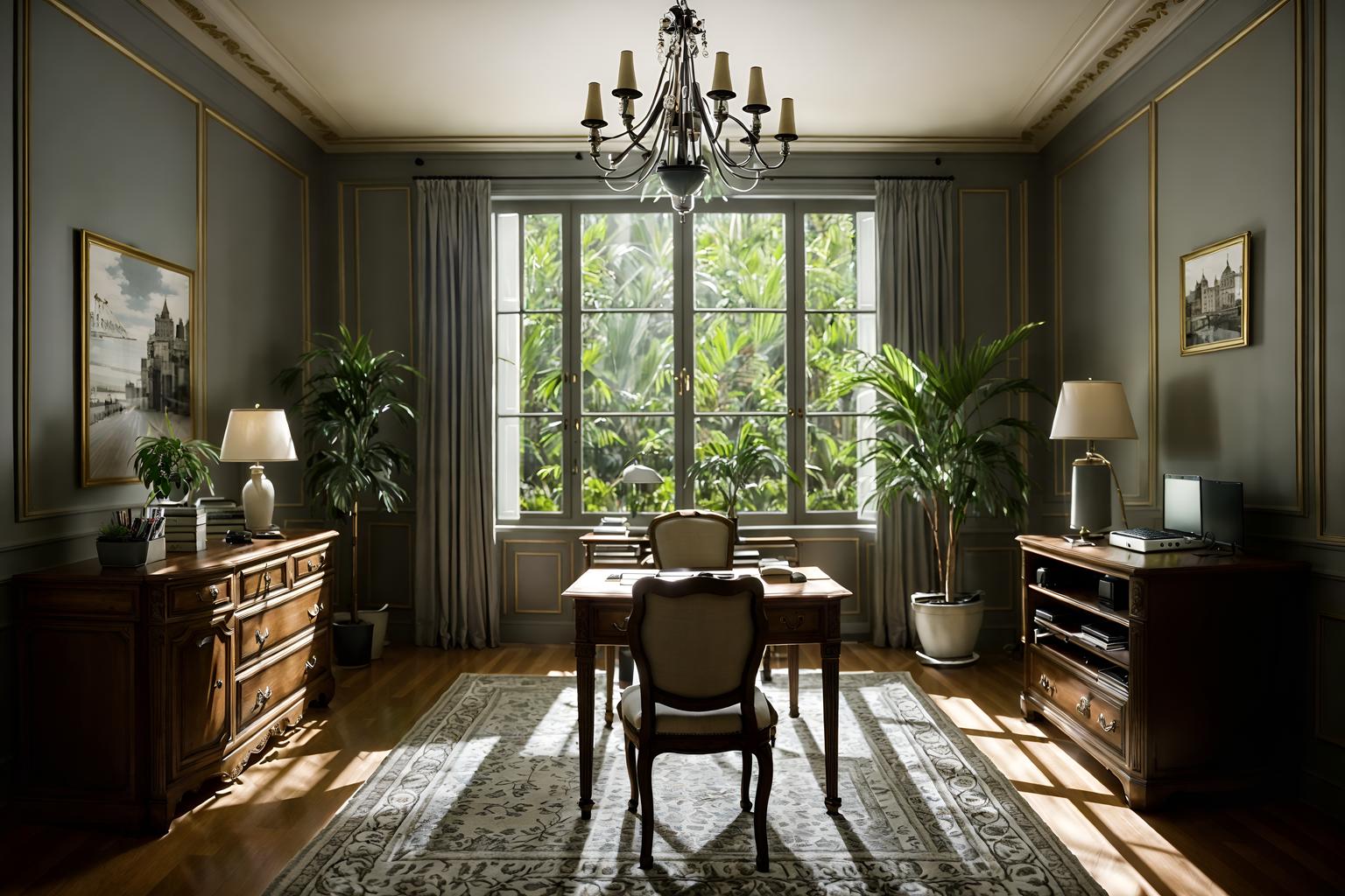 french-style (home office interior) with computer desk and office chair and plant and desk lamp and cabinets and computer desk. . . cinematic photo, highly detailed, cinematic lighting, ultra-detailed, ultrarealistic, photorealism, 8k. french interior design style. masterpiece, cinematic light, ultrarealistic+, photorealistic+, 8k, raw photo, realistic, sharp focus on eyes, (symmetrical eyes), (intact eyes), hyperrealistic, highest quality, best quality, , highly detailed, masterpiece, best quality, extremely detailed 8k wallpaper, masterpiece, best quality, ultra-detailed, best shadow, detailed background, detailed face, detailed eyes, high contrast, best illumination, detailed face, dulux, caustic, dynamic angle, detailed glow. dramatic lighting. highly detailed, insanely detailed hair, symmetrical, intricate details, professionally retouched, 8k high definition. strong bokeh. award winning photo.