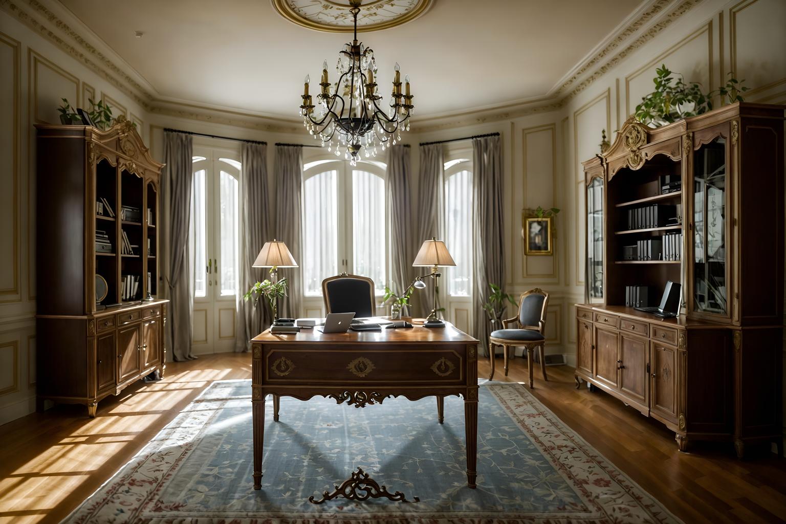 french-style (home office interior) with computer desk and office chair and plant and desk lamp and cabinets and computer desk. . . cinematic photo, highly detailed, cinematic lighting, ultra-detailed, ultrarealistic, photorealism, 8k. french interior design style. masterpiece, cinematic light, ultrarealistic+, photorealistic+, 8k, raw photo, realistic, sharp focus on eyes, (symmetrical eyes), (intact eyes), hyperrealistic, highest quality, best quality, , highly detailed, masterpiece, best quality, extremely detailed 8k wallpaper, masterpiece, best quality, ultra-detailed, best shadow, detailed background, detailed face, detailed eyes, high contrast, best illumination, detailed face, dulux, caustic, dynamic angle, detailed glow. dramatic lighting. highly detailed, insanely detailed hair, symmetrical, intricate details, professionally retouched, 8k high definition. strong bokeh. award winning photo.