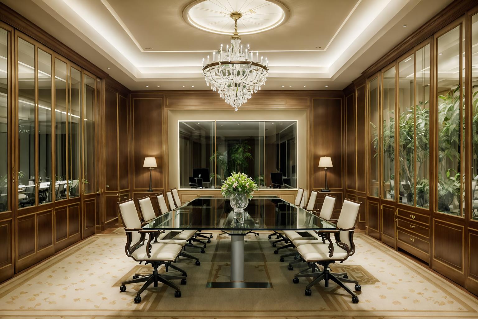 french-style (meeting room interior) with plant and boardroom table and glass walls and glass doors and office chairs and vase and painting or photo on wall and cabinets. . . cinematic photo, highly detailed, cinematic lighting, ultra-detailed, ultrarealistic, photorealism, 8k. french interior design style. masterpiece, cinematic light, ultrarealistic+, photorealistic+, 8k, raw photo, realistic, sharp focus on eyes, (symmetrical eyes), (intact eyes), hyperrealistic, highest quality, best quality, , highly detailed, masterpiece, best quality, extremely detailed 8k wallpaper, masterpiece, best quality, ultra-detailed, best shadow, detailed background, detailed face, detailed eyes, high contrast, best illumination, detailed face, dulux, caustic, dynamic angle, detailed glow. dramatic lighting. highly detailed, insanely detailed hair, symmetrical, intricate details, professionally retouched, 8k high definition. strong bokeh. award winning photo.