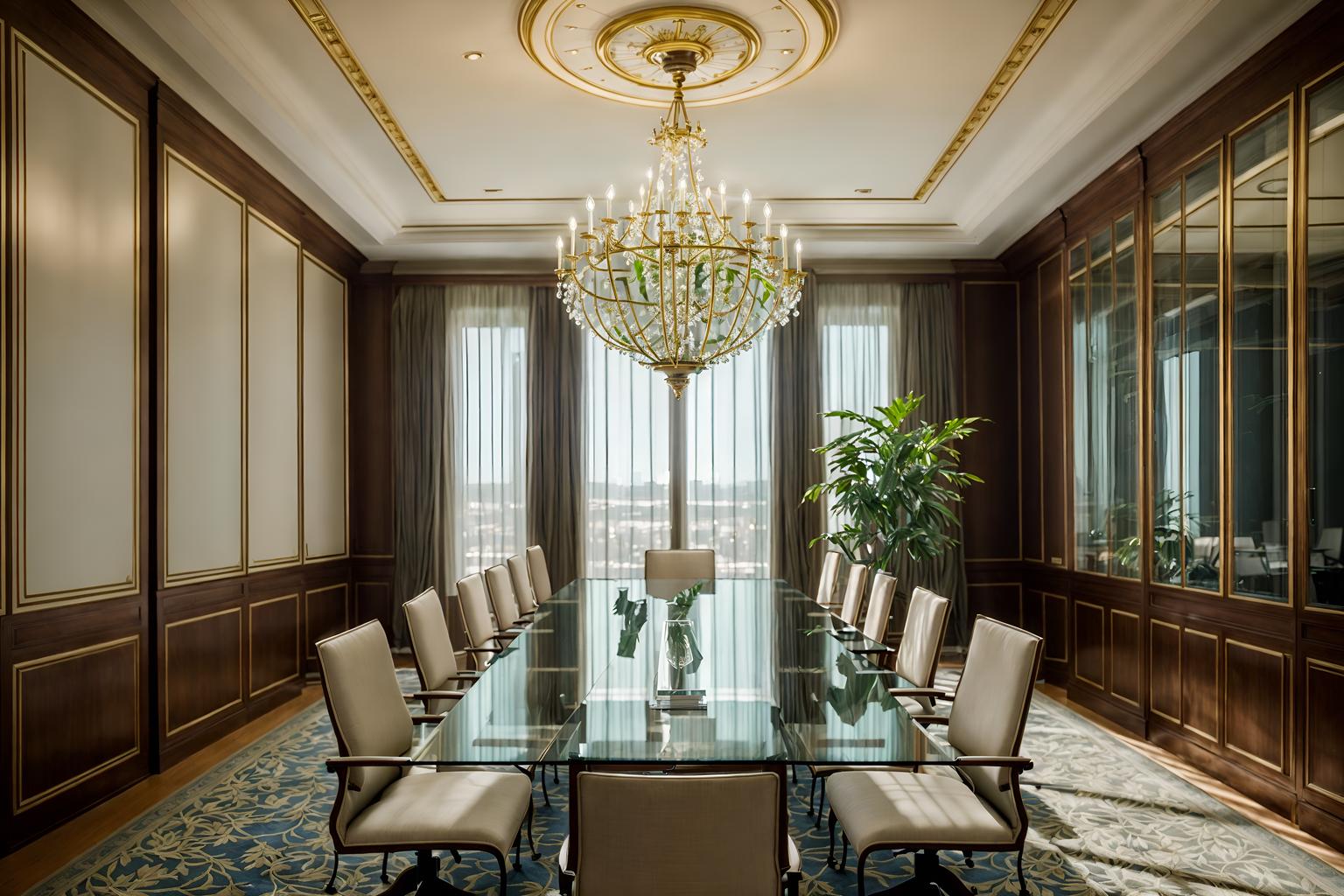 french-style (meeting room interior) with plant and boardroom table and glass walls and glass doors and office chairs and vase and painting or photo on wall and cabinets. . . cinematic photo, highly detailed, cinematic lighting, ultra-detailed, ultrarealistic, photorealism, 8k. french interior design style. masterpiece, cinematic light, ultrarealistic+, photorealistic+, 8k, raw photo, realistic, sharp focus on eyes, (symmetrical eyes), (intact eyes), hyperrealistic, highest quality, best quality, , highly detailed, masterpiece, best quality, extremely detailed 8k wallpaper, masterpiece, best quality, ultra-detailed, best shadow, detailed background, detailed face, detailed eyes, high contrast, best illumination, detailed face, dulux, caustic, dynamic angle, detailed glow. dramatic lighting. highly detailed, insanely detailed hair, symmetrical, intricate details, professionally retouched, 8k high definition. strong bokeh. award winning photo.