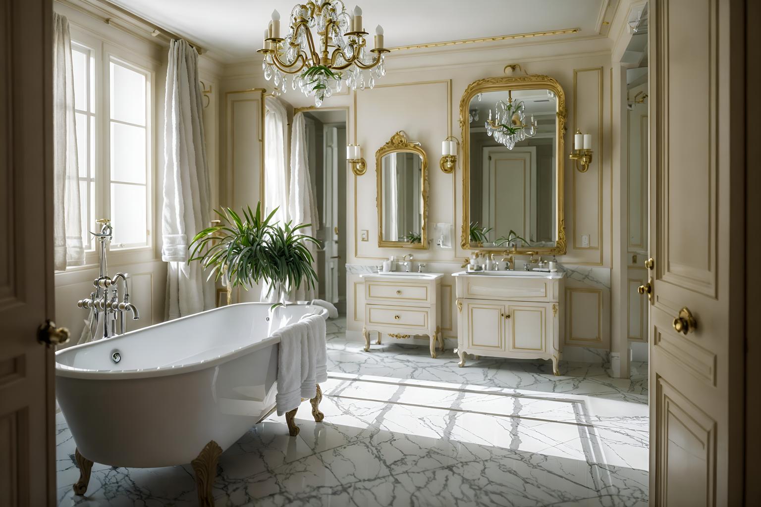 french-style (hotel bathroom interior) with waste basket and bathroom cabinet and plant and shower and toilet seat and mirror and bathroom sink with faucet and bathtub. . . cinematic photo, highly detailed, cinematic lighting, ultra-detailed, ultrarealistic, photorealism, 8k. french interior design style. masterpiece, cinematic light, ultrarealistic+, photorealistic+, 8k, raw photo, realistic, sharp focus on eyes, (symmetrical eyes), (intact eyes), hyperrealistic, highest quality, best quality, , highly detailed, masterpiece, best quality, extremely detailed 8k wallpaper, masterpiece, best quality, ultra-detailed, best shadow, detailed background, detailed face, detailed eyes, high contrast, best illumination, detailed face, dulux, caustic, dynamic angle, detailed glow. dramatic lighting. highly detailed, insanely detailed hair, symmetrical, intricate details, professionally retouched, 8k high definition. strong bokeh. award winning photo.