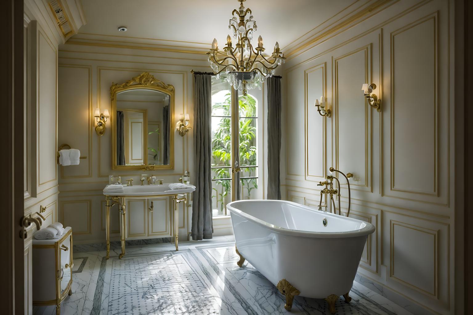 french-style (hotel bathroom interior) with waste basket and bathroom cabinet and plant and shower and toilet seat and mirror and bathroom sink with faucet and bathtub. . . cinematic photo, highly detailed, cinematic lighting, ultra-detailed, ultrarealistic, photorealism, 8k. french interior design style. masterpiece, cinematic light, ultrarealistic+, photorealistic+, 8k, raw photo, realistic, sharp focus on eyes, (symmetrical eyes), (intact eyes), hyperrealistic, highest quality, best quality, , highly detailed, masterpiece, best quality, extremely detailed 8k wallpaper, masterpiece, best quality, ultra-detailed, best shadow, detailed background, detailed face, detailed eyes, high contrast, best illumination, detailed face, dulux, caustic, dynamic angle, detailed glow. dramatic lighting. highly detailed, insanely detailed hair, symmetrical, intricate details, professionally retouched, 8k high definition. strong bokeh. award winning photo.