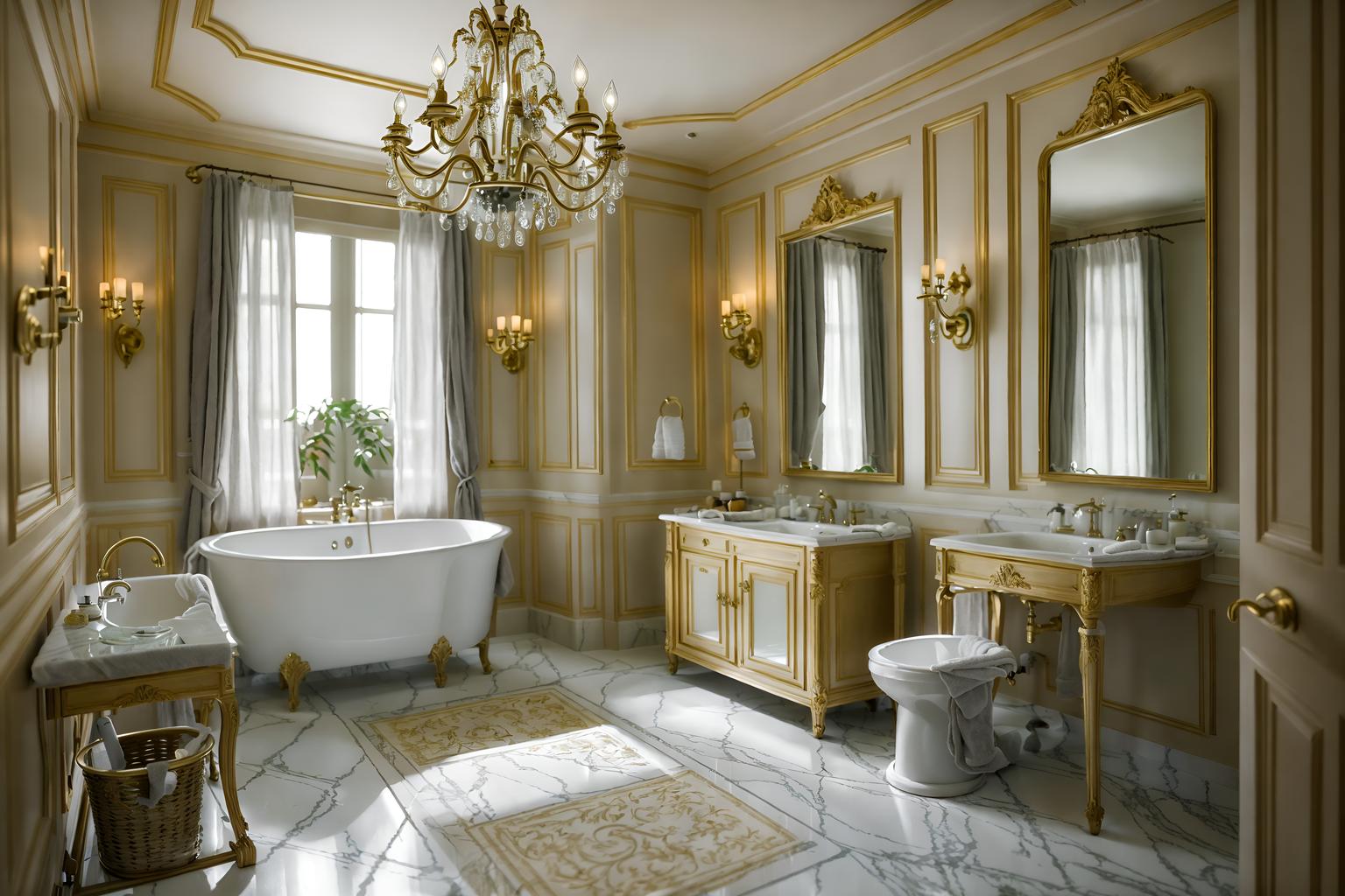 french-style (hotel bathroom interior) with waste basket and bathroom cabinet and plant and shower and toilet seat and mirror and bathroom sink with faucet and bathtub. . . cinematic photo, highly detailed, cinematic lighting, ultra-detailed, ultrarealistic, photorealism, 8k. french interior design style. masterpiece, cinematic light, ultrarealistic+, photorealistic+, 8k, raw photo, realistic, sharp focus on eyes, (symmetrical eyes), (intact eyes), hyperrealistic, highest quality, best quality, , highly detailed, masterpiece, best quality, extremely detailed 8k wallpaper, masterpiece, best quality, ultra-detailed, best shadow, detailed background, detailed face, detailed eyes, high contrast, best illumination, detailed face, dulux, caustic, dynamic angle, detailed glow. dramatic lighting. highly detailed, insanely detailed hair, symmetrical, intricate details, professionally retouched, 8k high definition. strong bokeh. award winning photo.