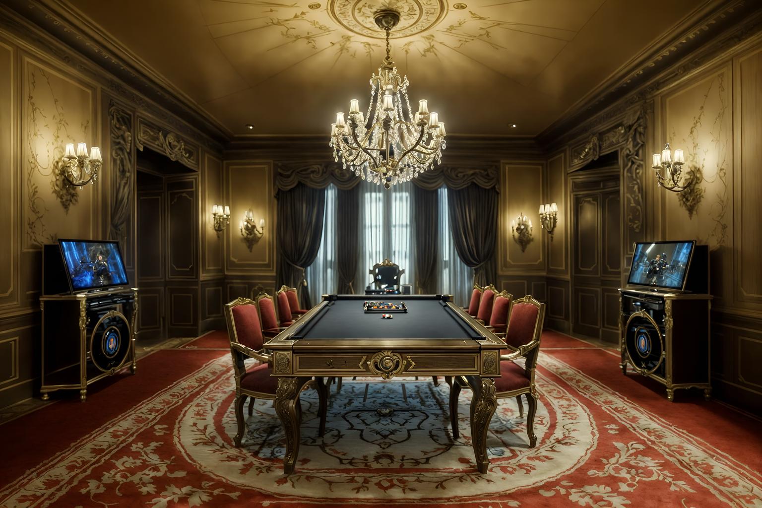 french-style (gaming room interior) . . cinematic photo, highly detailed, cinematic lighting, ultra-detailed, ultrarealistic, photorealism, 8k. french interior design style. masterpiece, cinematic light, ultrarealistic+, photorealistic+, 8k, raw photo, realistic, sharp focus on eyes, (symmetrical eyes), (intact eyes), hyperrealistic, highest quality, best quality, , highly detailed, masterpiece, best quality, extremely detailed 8k wallpaper, masterpiece, best quality, ultra-detailed, best shadow, detailed background, detailed face, detailed eyes, high contrast, best illumination, detailed face, dulux, caustic, dynamic angle, detailed glow. dramatic lighting. highly detailed, insanely detailed hair, symmetrical, intricate details, professionally retouched, 8k high definition. strong bokeh. award winning photo.