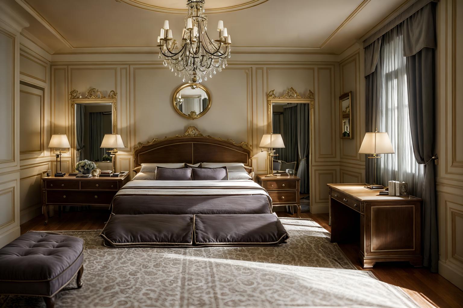 french-style (hotel room interior) with working desk with desk chair and headboard and hotel bathroom and storage bench or ottoman and mirror and night light and accent chair and bedside table or night stand. . . cinematic photo, highly detailed, cinematic lighting, ultra-detailed, ultrarealistic, photorealism, 8k. french interior design style. masterpiece, cinematic light, ultrarealistic+, photorealistic+, 8k, raw photo, realistic, sharp focus on eyes, (symmetrical eyes), (intact eyes), hyperrealistic, highest quality, best quality, , highly detailed, masterpiece, best quality, extremely detailed 8k wallpaper, masterpiece, best quality, ultra-detailed, best shadow, detailed background, detailed face, detailed eyes, high contrast, best illumination, detailed face, dulux, caustic, dynamic angle, detailed glow. dramatic lighting. highly detailed, insanely detailed hair, symmetrical, intricate details, professionally retouched, 8k high definition. strong bokeh. award winning photo.