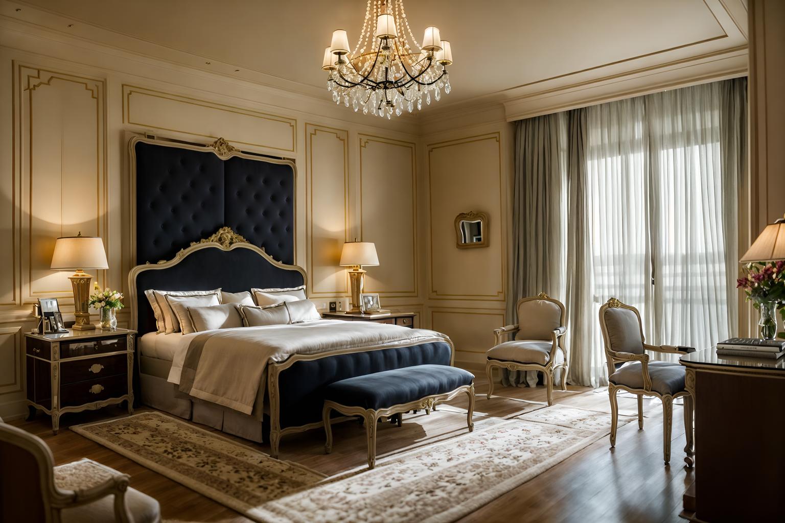 french-style (hotel room interior) with working desk with desk chair and headboard and hotel bathroom and storage bench or ottoman and mirror and night light and accent chair and bedside table or night stand. . . cinematic photo, highly detailed, cinematic lighting, ultra-detailed, ultrarealistic, photorealism, 8k. french interior design style. masterpiece, cinematic light, ultrarealistic+, photorealistic+, 8k, raw photo, realistic, sharp focus on eyes, (symmetrical eyes), (intact eyes), hyperrealistic, highest quality, best quality, , highly detailed, masterpiece, best quality, extremely detailed 8k wallpaper, masterpiece, best quality, ultra-detailed, best shadow, detailed background, detailed face, detailed eyes, high contrast, best illumination, detailed face, dulux, caustic, dynamic angle, detailed glow. dramatic lighting. highly detailed, insanely detailed hair, symmetrical, intricate details, professionally retouched, 8k high definition. strong bokeh. award winning photo.