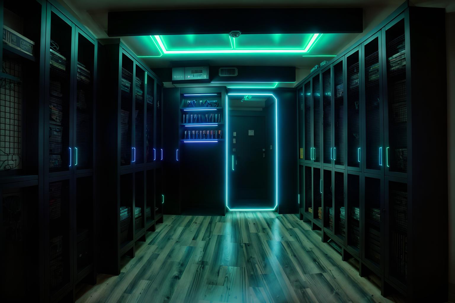 cyberpunk-style (mudroom interior) with storage baskets and cubbies and wall hooks for coats and cabinets and storage drawers and shelves for shoes and a bench and high up storage. . with cyberpunk lights and color lights glow and strong geometric walls and black lights and cyberpunk style and cyberpunk lights and bladerunner style and surrealist paintings. . cinematic photo, highly detailed, cinematic lighting, ultra-detailed, ultrarealistic, photorealism, 8k. cyberpunk interior design style. masterpiece, cinematic light, ultrarealistic+, photorealistic+, 8k, raw photo, realistic, sharp focus on eyes, (symmetrical eyes), (intact eyes), hyperrealistic, highest quality, best quality, , highly detailed, masterpiece, best quality, extremely detailed 8k wallpaper, masterpiece, best quality, ultra-detailed, best shadow, detailed background, detailed face, detailed eyes, high contrast, best illumination, detailed face, dulux, caustic, dynamic angle, detailed glow. dramatic lighting. highly detailed, insanely detailed hair, symmetrical, intricate details, professionally retouched, 8k high definition. strong bokeh. award winning photo.