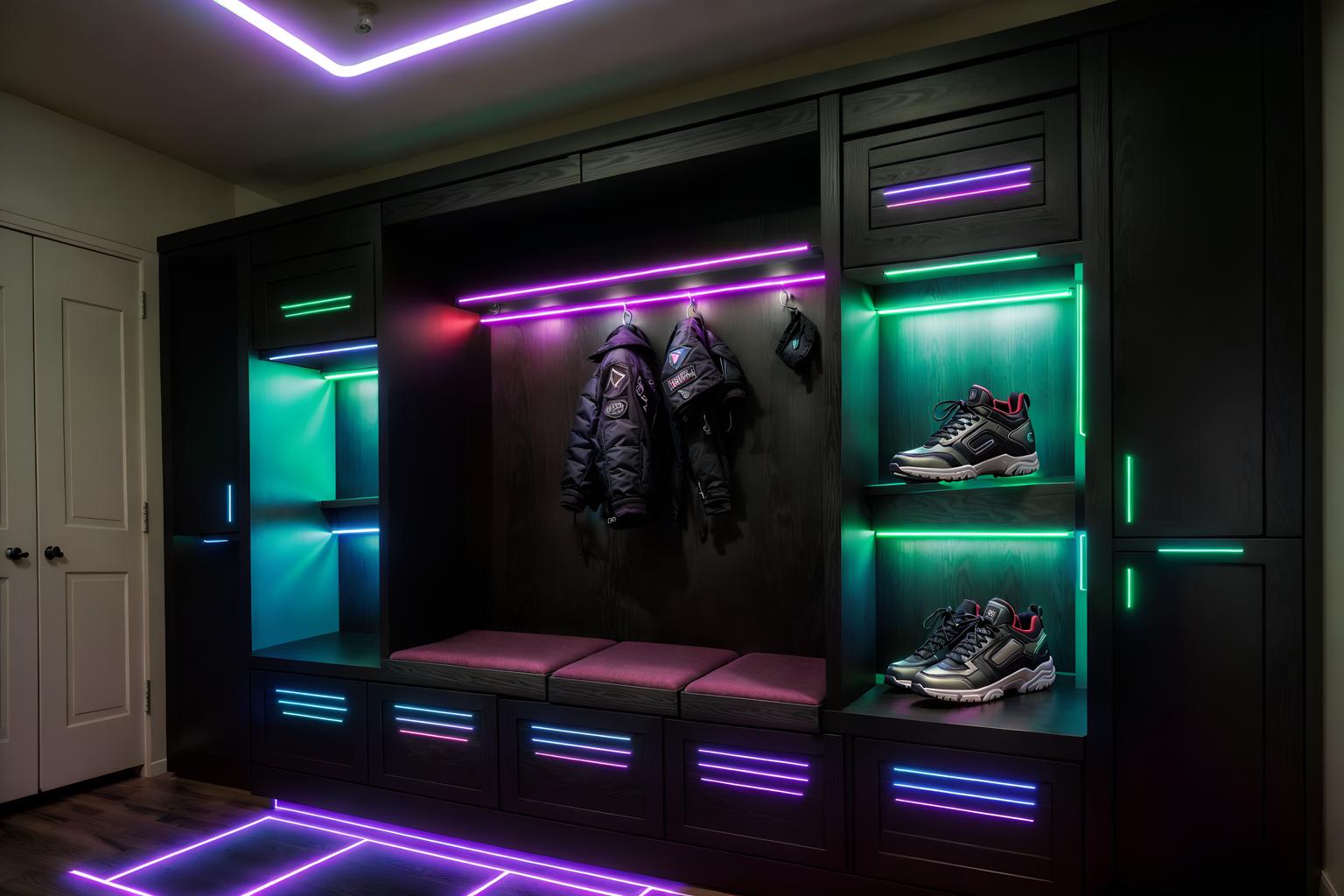 cyberpunk-style (mudroom interior) with storage baskets and cubbies and wall hooks for coats and cabinets and storage drawers and shelves for shoes and a bench and high up storage. . with cyberpunk lights and color lights glow and strong geometric walls and black lights and cyberpunk style and cyberpunk lights and bladerunner style and surrealist paintings. . cinematic photo, highly detailed, cinematic lighting, ultra-detailed, ultrarealistic, photorealism, 8k. cyberpunk interior design style. masterpiece, cinematic light, ultrarealistic+, photorealistic+, 8k, raw photo, realistic, sharp focus on eyes, (symmetrical eyes), (intact eyes), hyperrealistic, highest quality, best quality, , highly detailed, masterpiece, best quality, extremely detailed 8k wallpaper, masterpiece, best quality, ultra-detailed, best shadow, detailed background, detailed face, detailed eyes, high contrast, best illumination, detailed face, dulux, caustic, dynamic angle, detailed glow. dramatic lighting. highly detailed, insanely detailed hair, symmetrical, intricate details, professionally retouched, 8k high definition. strong bokeh. award winning photo.