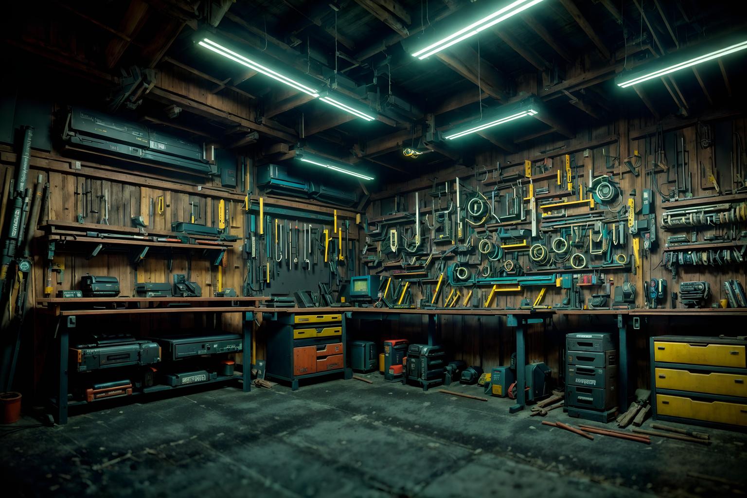 cyberpunk-style (workshop interior) with wooden workbench and messy and tool wall and wooden workbench. . with strong geometric walls and futuristic cybernetic city and bladerunner lights and led lights and color lights glow and dark night and cyberpunk style and bladerunner style. . cinematic photo, highly detailed, cinematic lighting, ultra-detailed, ultrarealistic, photorealism, 8k. cyberpunk interior design style. masterpiece, cinematic light, ultrarealistic+, photorealistic+, 8k, raw photo, realistic, sharp focus on eyes, (symmetrical eyes), (intact eyes), hyperrealistic, highest quality, best quality, , highly detailed, masterpiece, best quality, extremely detailed 8k wallpaper, masterpiece, best quality, ultra-detailed, best shadow, detailed background, detailed face, detailed eyes, high contrast, best illumination, detailed face, dulux, caustic, dynamic angle, detailed glow. dramatic lighting. highly detailed, insanely detailed hair, symmetrical, intricate details, professionally retouched, 8k high definition. strong bokeh. award winning photo.