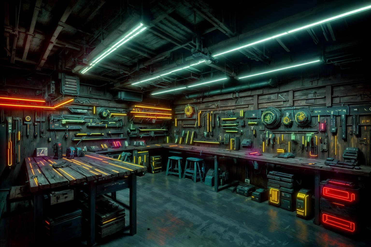 cyberpunk-style (workshop interior) with wooden workbench and messy and tool wall and wooden workbench. . with strong geometric walls and futuristic cybernetic city and bladerunner lights and led lights and color lights glow and dark night and cyberpunk style and bladerunner style. . cinematic photo, highly detailed, cinematic lighting, ultra-detailed, ultrarealistic, photorealism, 8k. cyberpunk interior design style. masterpiece, cinematic light, ultrarealistic+, photorealistic+, 8k, raw photo, realistic, sharp focus on eyes, (symmetrical eyes), (intact eyes), hyperrealistic, highest quality, best quality, , highly detailed, masterpiece, best quality, extremely detailed 8k wallpaper, masterpiece, best quality, ultra-detailed, best shadow, detailed background, detailed face, detailed eyes, high contrast, best illumination, detailed face, dulux, caustic, dynamic angle, detailed glow. dramatic lighting. highly detailed, insanely detailed hair, symmetrical, intricate details, professionally retouched, 8k high definition. strong bokeh. award winning photo.