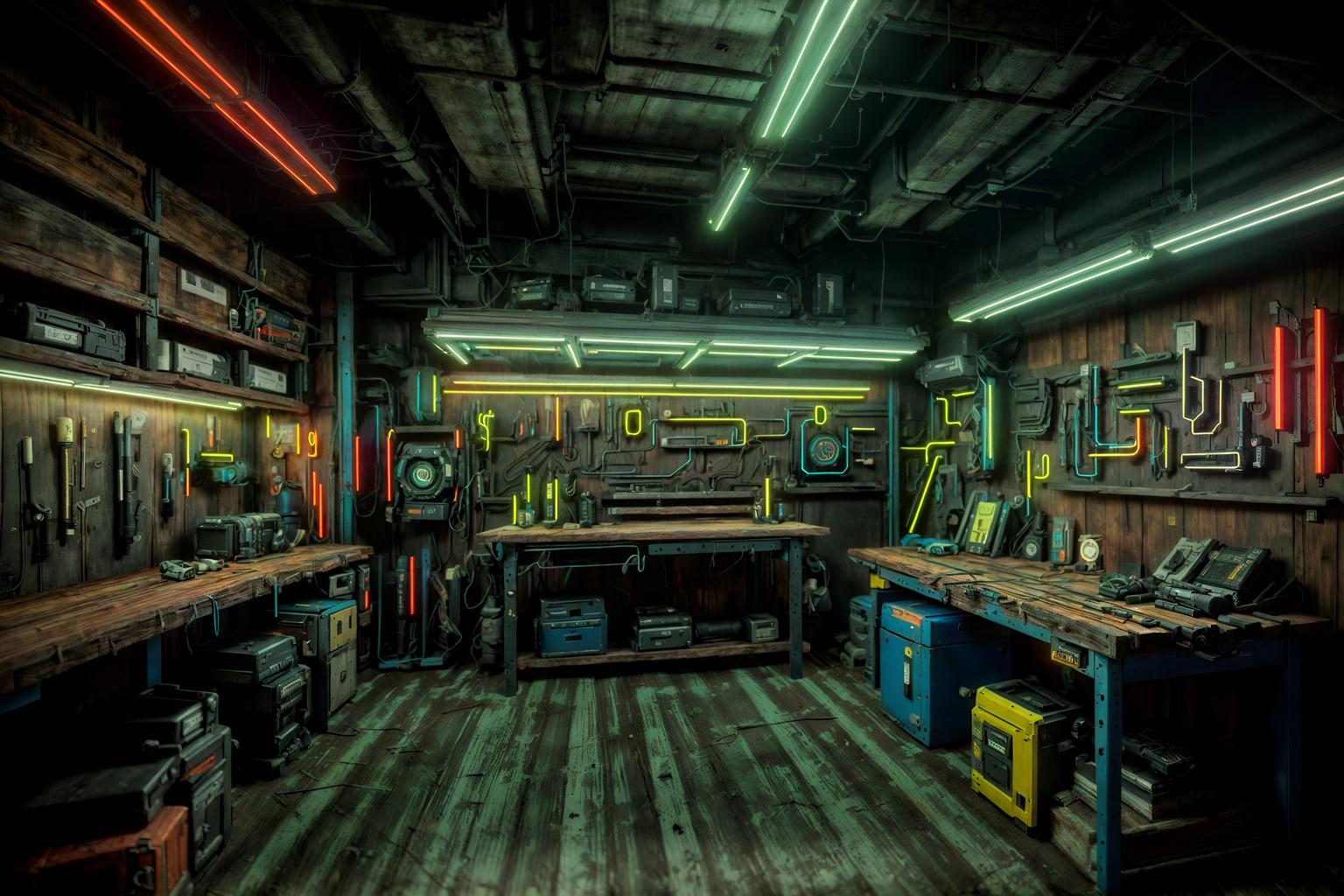 cyberpunk-style (workshop interior) with wooden workbench and messy and tool wall and wooden workbench. . with strong geometric walls and futuristic cybernetic city and bladerunner lights and led lights and color lights glow and dark night and cyberpunk style and bladerunner style. . cinematic photo, highly detailed, cinematic lighting, ultra-detailed, ultrarealistic, photorealism, 8k. cyberpunk interior design style. masterpiece, cinematic light, ultrarealistic+, photorealistic+, 8k, raw photo, realistic, sharp focus on eyes, (symmetrical eyes), (intact eyes), hyperrealistic, highest quality, best quality, , highly detailed, masterpiece, best quality, extremely detailed 8k wallpaper, masterpiece, best quality, ultra-detailed, best shadow, detailed background, detailed face, detailed eyes, high contrast, best illumination, detailed face, dulux, caustic, dynamic angle, detailed glow. dramatic lighting. highly detailed, insanely detailed hair, symmetrical, intricate details, professionally retouched, 8k high definition. strong bokeh. award winning photo.