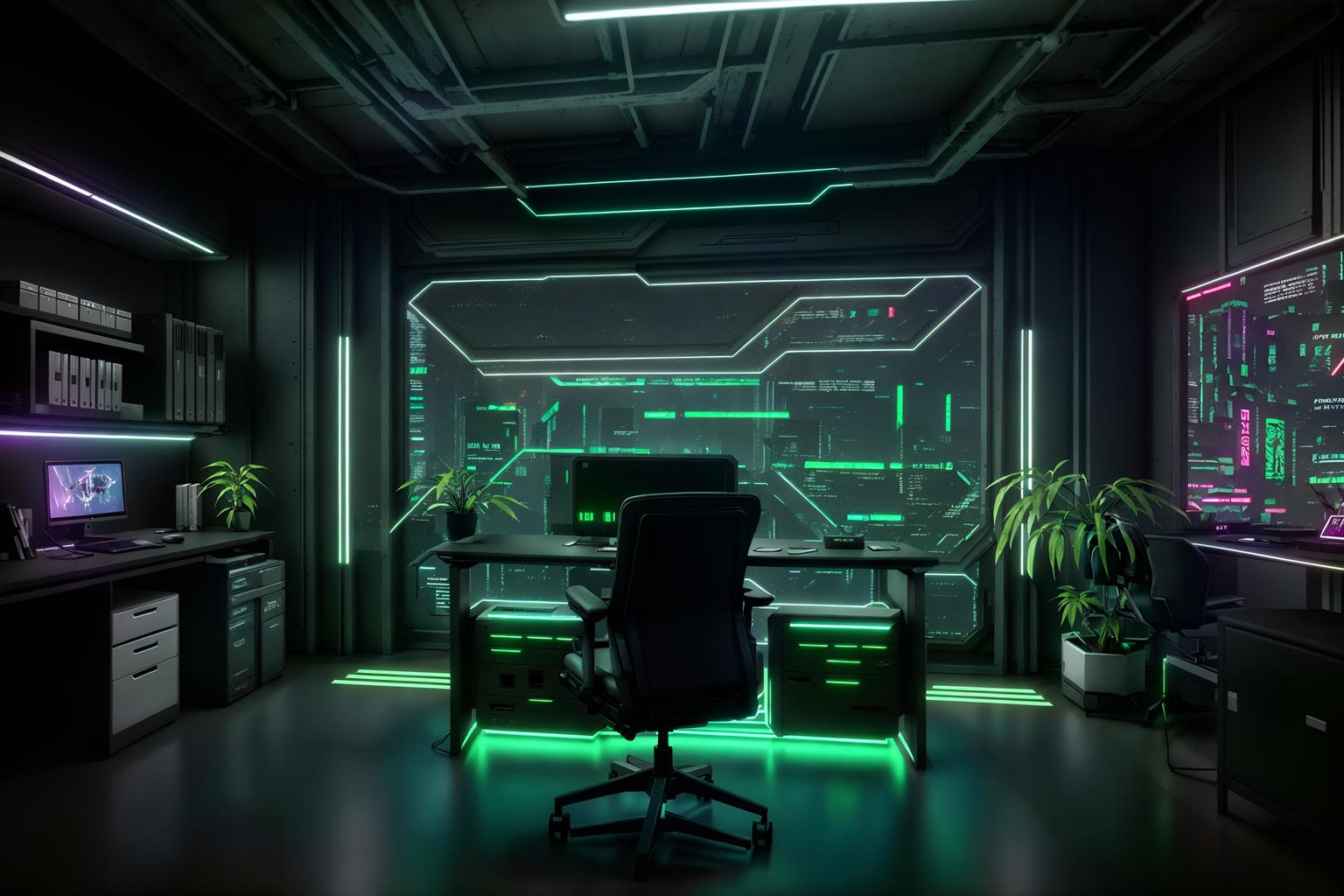 cyberpunk-style (home office interior) with plant and office chair and desk lamp and cabinets and computer desk and plant. . with bladerunner lights and minimalist and strong geometric walls and cyberpunk style and futuristic cybernetic city and cyberpunk lights and cyberpunk lights and led lights. . cinematic photo, highly detailed, cinematic lighting, ultra-detailed, ultrarealistic, photorealism, 8k. cyberpunk interior design style. masterpiece, cinematic light, ultrarealistic+, photorealistic+, 8k, raw photo, realistic, sharp focus on eyes, (symmetrical eyes), (intact eyes), hyperrealistic, highest quality, best quality, , highly detailed, masterpiece, best quality, extremely detailed 8k wallpaper, masterpiece, best quality, ultra-detailed, best shadow, detailed background, detailed face, detailed eyes, high contrast, best illumination, detailed face, dulux, caustic, dynamic angle, detailed glow. dramatic lighting. highly detailed, insanely detailed hair, symmetrical, intricate details, professionally retouched, 8k high definition. strong bokeh. award winning photo.