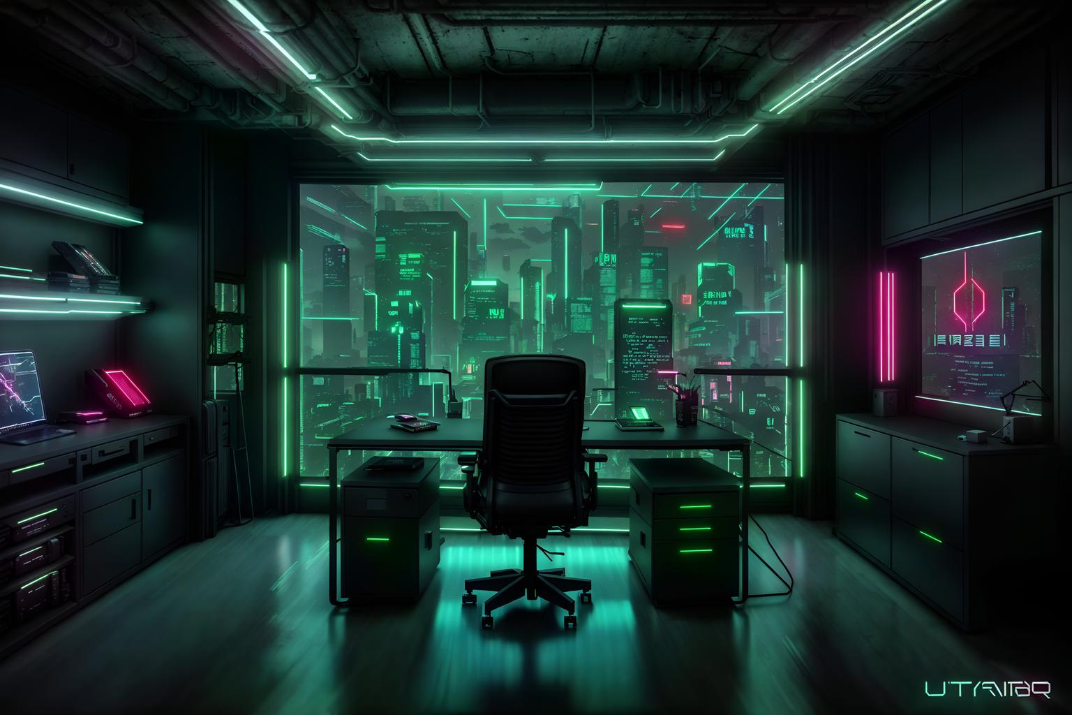 cyberpunk-style (home office interior) with plant and office chair and desk lamp and cabinets and computer desk and plant. . with bladerunner lights and minimalist and strong geometric walls and cyberpunk style and futuristic cybernetic city and cyberpunk lights and cyberpunk lights and led lights. . cinematic photo, highly detailed, cinematic lighting, ultra-detailed, ultrarealistic, photorealism, 8k. cyberpunk interior design style. masterpiece, cinematic light, ultrarealistic+, photorealistic+, 8k, raw photo, realistic, sharp focus on eyes, (symmetrical eyes), (intact eyes), hyperrealistic, highest quality, best quality, , highly detailed, masterpiece, best quality, extremely detailed 8k wallpaper, masterpiece, best quality, ultra-detailed, best shadow, detailed background, detailed face, detailed eyes, high contrast, best illumination, detailed face, dulux, caustic, dynamic angle, detailed glow. dramatic lighting. highly detailed, insanely detailed hair, symmetrical, intricate details, professionally retouched, 8k high definition. strong bokeh. award winning photo.