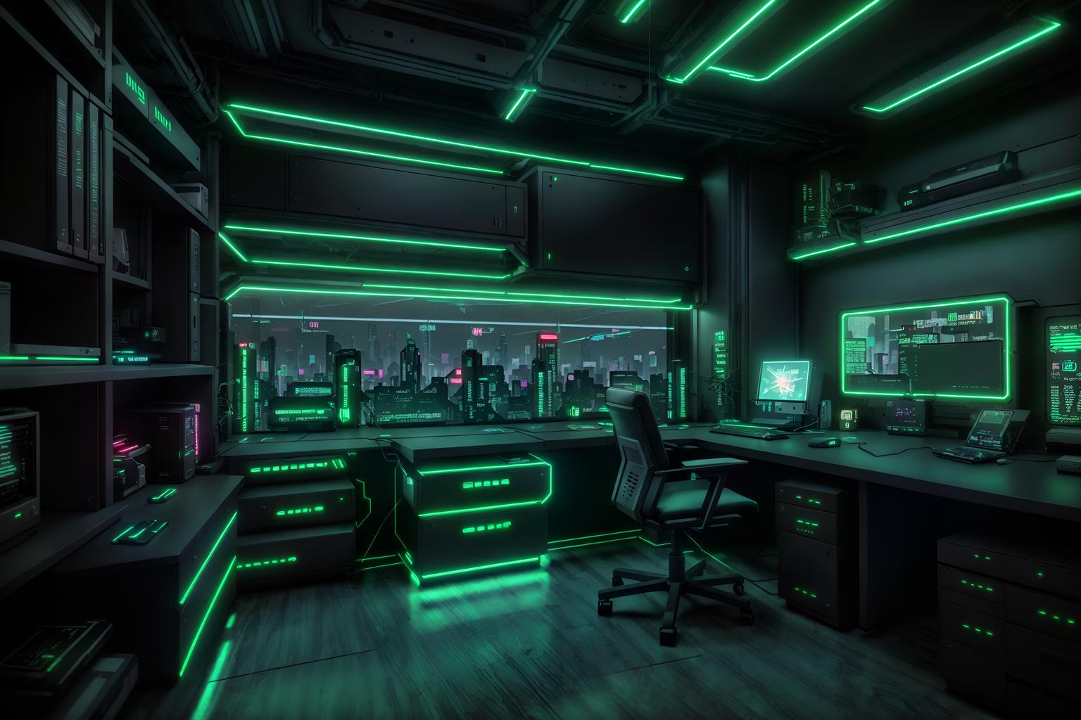 cyberpunk-style (home office interior) with plant and office chair and desk lamp and cabinets and computer desk and plant. . with bladerunner lights and minimalist and strong geometric walls and cyberpunk style and futuristic cybernetic city and cyberpunk lights and cyberpunk lights and led lights. . cinematic photo, highly detailed, cinematic lighting, ultra-detailed, ultrarealistic, photorealism, 8k. cyberpunk interior design style. masterpiece, cinematic light, ultrarealistic+, photorealistic+, 8k, raw photo, realistic, sharp focus on eyes, (symmetrical eyes), (intact eyes), hyperrealistic, highest quality, best quality, , highly detailed, masterpiece, best quality, extremely detailed 8k wallpaper, masterpiece, best quality, ultra-detailed, best shadow, detailed background, detailed face, detailed eyes, high contrast, best illumination, detailed face, dulux, caustic, dynamic angle, detailed glow. dramatic lighting. highly detailed, insanely detailed hair, symmetrical, intricate details, professionally retouched, 8k high definition. strong bokeh. award winning photo.