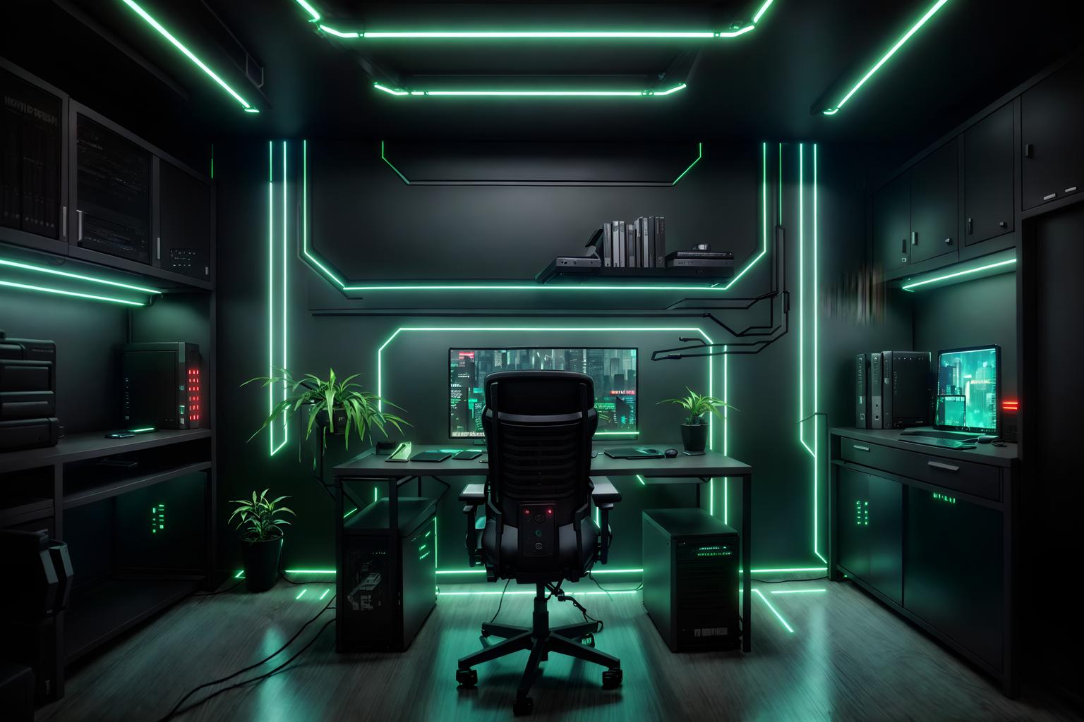 cyberpunk-style (home office interior) with plant and office chair and desk lamp and cabinets and computer desk and plant. . with bladerunner lights and minimalist and strong geometric walls and cyberpunk style and futuristic cybernetic city and cyberpunk lights and cyberpunk lights and led lights. . cinematic photo, highly detailed, cinematic lighting, ultra-detailed, ultrarealistic, photorealism, 8k. cyberpunk interior design style. masterpiece, cinematic light, ultrarealistic+, photorealistic+, 8k, raw photo, realistic, sharp focus on eyes, (symmetrical eyes), (intact eyes), hyperrealistic, highest quality, best quality, , highly detailed, masterpiece, best quality, extremely detailed 8k wallpaper, masterpiece, best quality, ultra-detailed, best shadow, detailed background, detailed face, detailed eyes, high contrast, best illumination, detailed face, dulux, caustic, dynamic angle, detailed glow. dramatic lighting. highly detailed, insanely detailed hair, symmetrical, intricate details, professionally retouched, 8k high definition. strong bokeh. award winning photo.