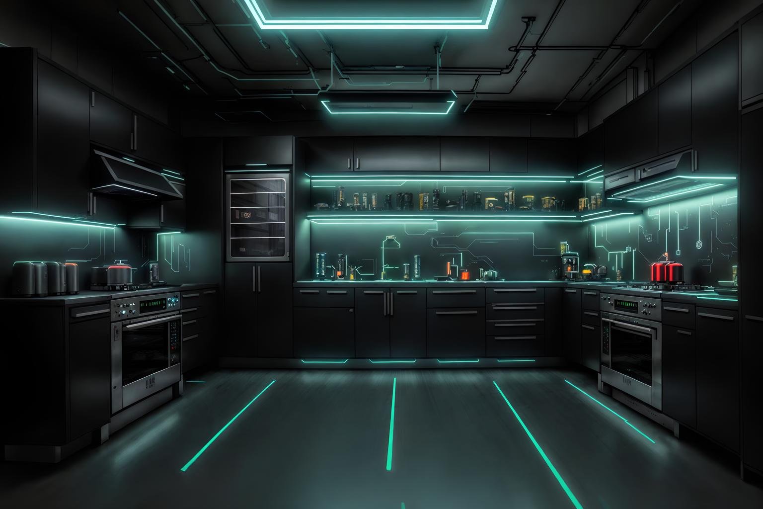 cyberpunk-style (kitchen living combo interior) with bookshelves and worktops and sink and plant and refrigerator and kitchen cabinets and rug and furniture. . with military uniforms and gear and minimalist and strong geometric walls and led lights and black lights and futuristic cybernetic city and bladerunner lights and cyberpunk style. . cinematic photo, highly detailed, cinematic lighting, ultra-detailed, ultrarealistic, photorealism, 8k. cyberpunk interior design style. masterpiece, cinematic light, ultrarealistic+, photorealistic+, 8k, raw photo, realistic, sharp focus on eyes, (symmetrical eyes), (intact eyes), hyperrealistic, highest quality, best quality, , highly detailed, masterpiece, best quality, extremely detailed 8k wallpaper, masterpiece, best quality, ultra-detailed, best shadow, detailed background, detailed face, detailed eyes, high contrast, best illumination, detailed face, dulux, caustic, dynamic angle, detailed glow. dramatic lighting. highly detailed, insanely detailed hair, symmetrical, intricate details, professionally retouched, 8k high definition. strong bokeh. award winning photo.