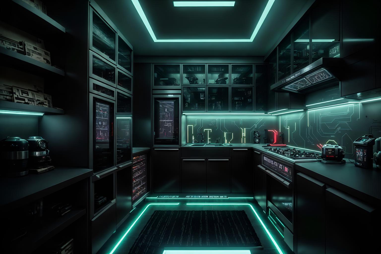 cyberpunk-style (kitchen living combo interior) with bookshelves and worktops and sink and plant and refrigerator and kitchen cabinets and rug and furniture. . with military uniforms and gear and minimalist and strong geometric walls and led lights and black lights and futuristic cybernetic city and bladerunner lights and cyberpunk style. . cinematic photo, highly detailed, cinematic lighting, ultra-detailed, ultrarealistic, photorealism, 8k. cyberpunk interior design style. masterpiece, cinematic light, ultrarealistic+, photorealistic+, 8k, raw photo, realistic, sharp focus on eyes, (symmetrical eyes), (intact eyes), hyperrealistic, highest quality, best quality, , highly detailed, masterpiece, best quality, extremely detailed 8k wallpaper, masterpiece, best quality, ultra-detailed, best shadow, detailed background, detailed face, detailed eyes, high contrast, best illumination, detailed face, dulux, caustic, dynamic angle, detailed glow. dramatic lighting. highly detailed, insanely detailed hair, symmetrical, intricate details, professionally retouched, 8k high definition. strong bokeh. award winning photo.