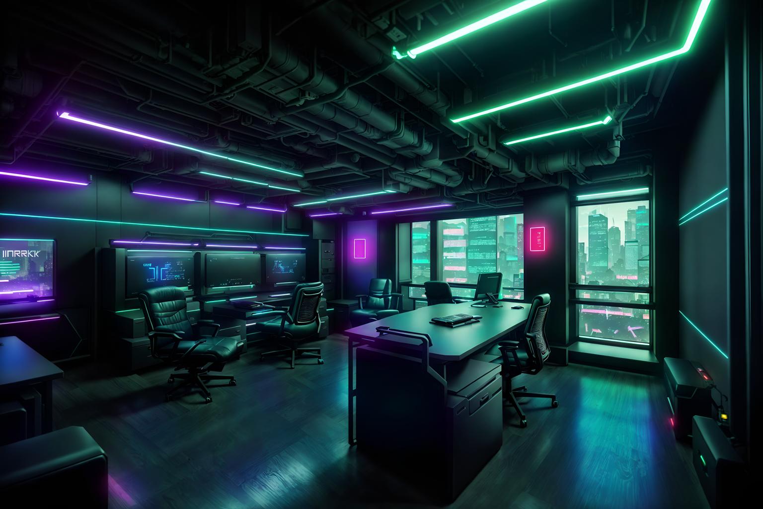 cyberpunk-style (office interior) with office desks and lounge chairs and plants and computer desks and desk lamps and office chairs and seating area with sofa and windows. . with color lights glow and cyberpunk style and dark night and cyberpunk lights and synthetic objects and cyberpunk lights and black lights and bladerunner lights. . cinematic photo, highly detailed, cinematic lighting, ultra-detailed, ultrarealistic, photorealism, 8k. cyberpunk interior design style. masterpiece, cinematic light, ultrarealistic+, photorealistic+, 8k, raw photo, realistic, sharp focus on eyes, (symmetrical eyes), (intact eyes), hyperrealistic, highest quality, best quality, , highly detailed, masterpiece, best quality, extremely detailed 8k wallpaper, masterpiece, best quality, ultra-detailed, best shadow, detailed background, detailed face, detailed eyes, high contrast, best illumination, detailed face, dulux, caustic, dynamic angle, detailed glow. dramatic lighting. highly detailed, insanely detailed hair, symmetrical, intricate details, professionally retouched, 8k high definition. strong bokeh. award winning photo.