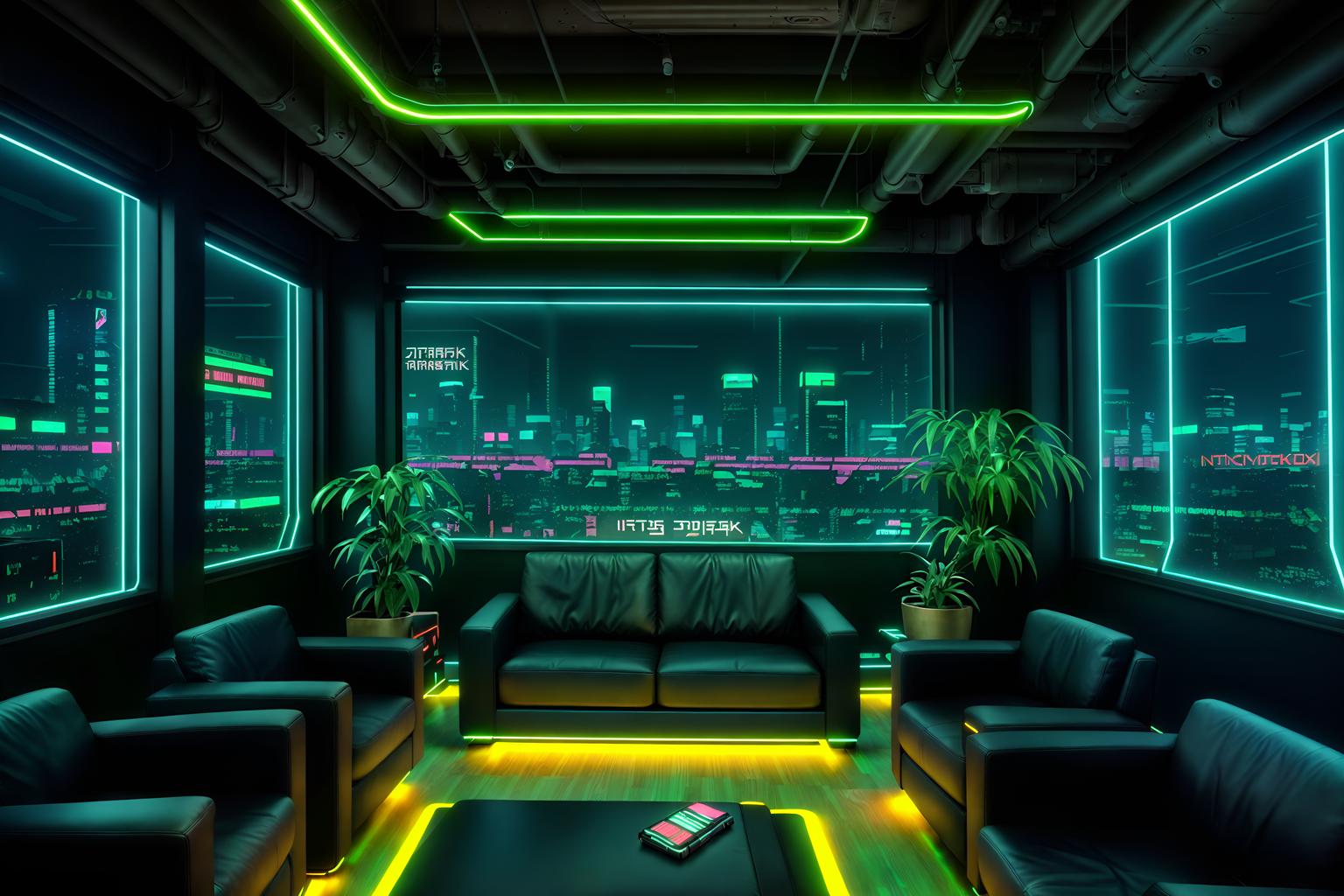 cyberpunk-style (office interior) with office desks and lounge chairs and plants and computer desks and desk lamps and office chairs and seating area with sofa and windows. . with color lights glow and cyberpunk style and dark night and cyberpunk lights and synthetic objects and cyberpunk lights and black lights and bladerunner lights. . cinematic photo, highly detailed, cinematic lighting, ultra-detailed, ultrarealistic, photorealism, 8k. cyberpunk interior design style. masterpiece, cinematic light, ultrarealistic+, photorealistic+, 8k, raw photo, realistic, sharp focus on eyes, (symmetrical eyes), (intact eyes), hyperrealistic, highest quality, best quality, , highly detailed, masterpiece, best quality, extremely detailed 8k wallpaper, masterpiece, best quality, ultra-detailed, best shadow, detailed background, detailed face, detailed eyes, high contrast, best illumination, detailed face, dulux, caustic, dynamic angle, detailed glow. dramatic lighting. highly detailed, insanely detailed hair, symmetrical, intricate details, professionally retouched, 8k high definition. strong bokeh. award winning photo.