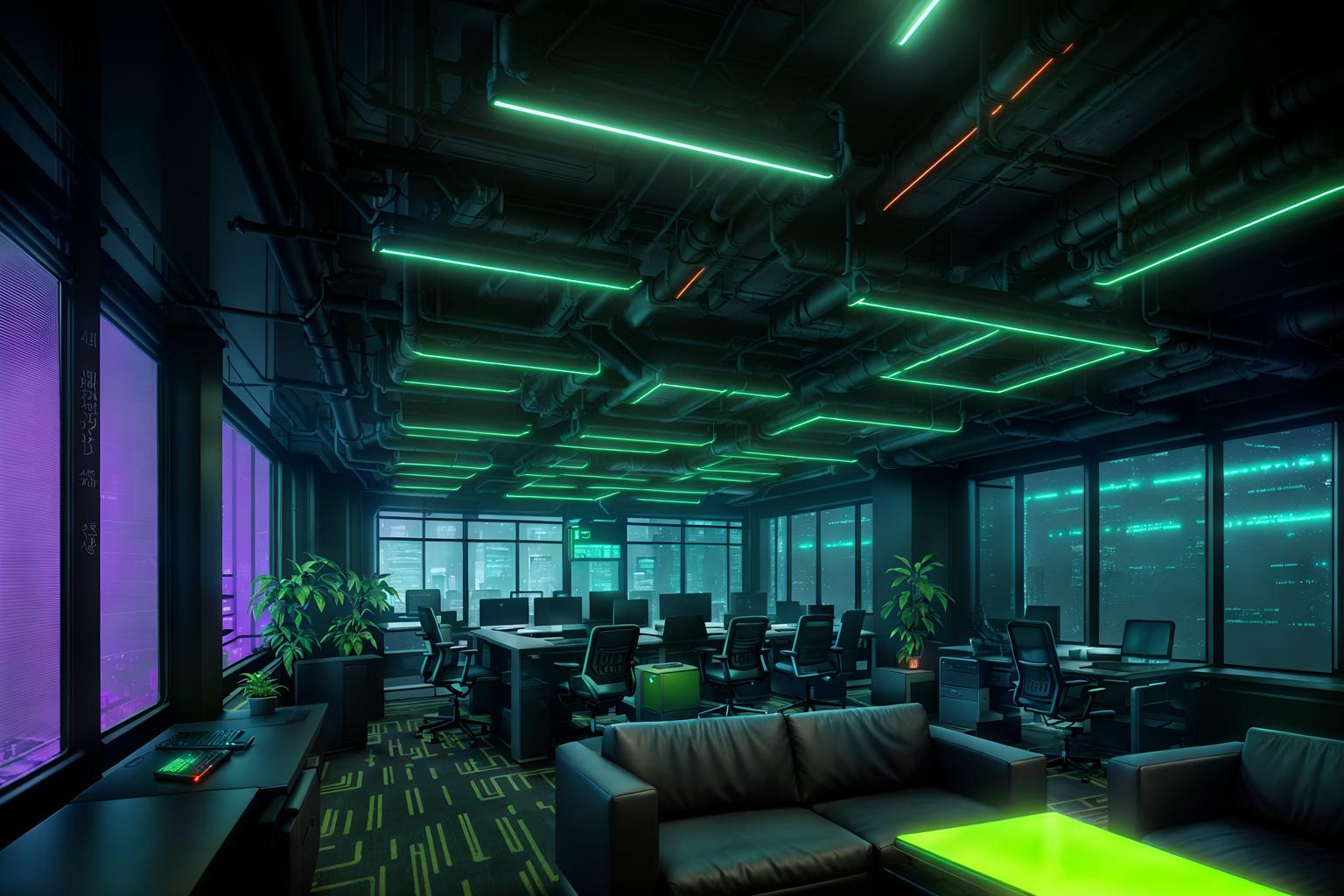 cyberpunk-style (office interior) with office desks and lounge chairs and plants and computer desks and desk lamps and office chairs and seating area with sofa and windows. . with color lights glow and cyberpunk style and dark night and cyberpunk lights and synthetic objects and cyberpunk lights and black lights and bladerunner lights. . cinematic photo, highly detailed, cinematic lighting, ultra-detailed, ultrarealistic, photorealism, 8k. cyberpunk interior design style. masterpiece, cinematic light, ultrarealistic+, photorealistic+, 8k, raw photo, realistic, sharp focus on eyes, (symmetrical eyes), (intact eyes), hyperrealistic, highest quality, best quality, , highly detailed, masterpiece, best quality, extremely detailed 8k wallpaper, masterpiece, best quality, ultra-detailed, best shadow, detailed background, detailed face, detailed eyes, high contrast, best illumination, detailed face, dulux, caustic, dynamic angle, detailed glow. dramatic lighting. highly detailed, insanely detailed hair, symmetrical, intricate details, professionally retouched, 8k high definition. strong bokeh. award winning photo.