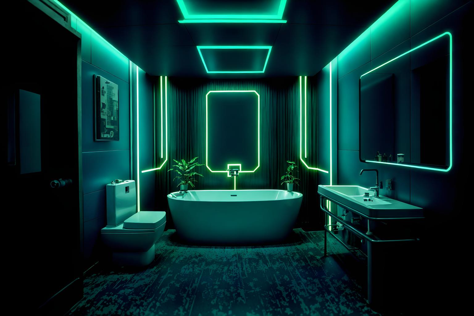 cyberpunk-style (hotel bathroom interior) with toilet seat and bath rail and mirror and waste basket and bathroom sink with faucet and shower and bathtub and plant. . with military uniforms and gear and synthetic objects and cyberpunk lights and strong geometric walls and surrealist paintings and cyberpunk lights and black lights and synthwave. . cinematic photo, highly detailed, cinematic lighting, ultra-detailed, ultrarealistic, photorealism, 8k. cyberpunk interior design style. masterpiece, cinematic light, ultrarealistic+, photorealistic+, 8k, raw photo, realistic, sharp focus on eyes, (symmetrical eyes), (intact eyes), hyperrealistic, highest quality, best quality, , highly detailed, masterpiece, best quality, extremely detailed 8k wallpaper, masterpiece, best quality, ultra-detailed, best shadow, detailed background, detailed face, detailed eyes, high contrast, best illumination, detailed face, dulux, caustic, dynamic angle, detailed glow. dramatic lighting. highly detailed, insanely detailed hair, symmetrical, intricate details, professionally retouched, 8k high definition. strong bokeh. award winning photo.
