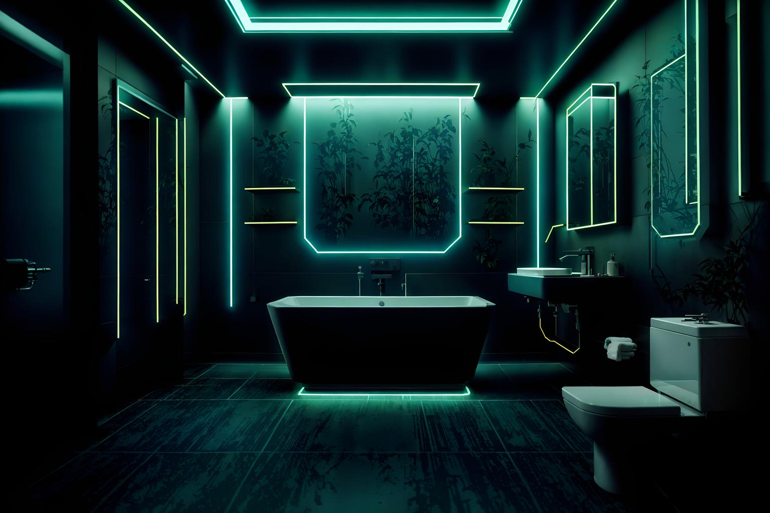 cyberpunk-style (hotel bathroom interior) with toilet seat and bath rail and mirror and waste basket and bathroom sink with faucet and shower and bathtub and plant. . with military uniforms and gear and synthetic objects and cyberpunk lights and strong geometric walls and surrealist paintings and cyberpunk lights and black lights and synthwave. . cinematic photo, highly detailed, cinematic lighting, ultra-detailed, ultrarealistic, photorealism, 8k. cyberpunk interior design style. masterpiece, cinematic light, ultrarealistic+, photorealistic+, 8k, raw photo, realistic, sharp focus on eyes, (symmetrical eyes), (intact eyes), hyperrealistic, highest quality, best quality, , highly detailed, masterpiece, best quality, extremely detailed 8k wallpaper, masterpiece, best quality, ultra-detailed, best shadow, detailed background, detailed face, detailed eyes, high contrast, best illumination, detailed face, dulux, caustic, dynamic angle, detailed glow. dramatic lighting. highly detailed, insanely detailed hair, symmetrical, intricate details, professionally retouched, 8k high definition. strong bokeh. award winning photo.