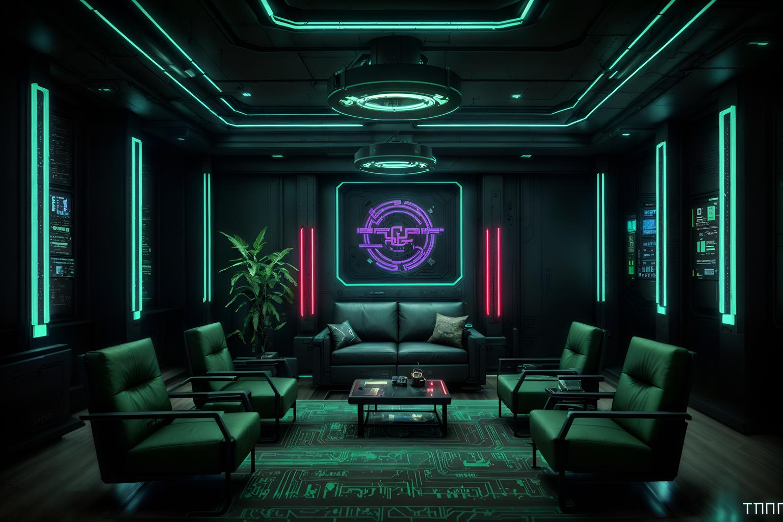 cyberpunk-style (hotel lobby interior) with lounge chairs and sofas and coffee tables and hanging lamps and furniture and plant and rug and check in desk. . with military uniforms and gear and cyberpunk lights and bladerunner style and surrealist paintings and dark night and futuristic cybernetic details and synthetic objects and cyberpunk lights. . cinematic photo, highly detailed, cinematic lighting, ultra-detailed, ultrarealistic, photorealism, 8k. cyberpunk interior design style. masterpiece, cinematic light, ultrarealistic+, photorealistic+, 8k, raw photo, realistic, sharp focus on eyes, (symmetrical eyes), (intact eyes), hyperrealistic, highest quality, best quality, , highly detailed, masterpiece, best quality, extremely detailed 8k wallpaper, masterpiece, best quality, ultra-detailed, best shadow, detailed background, detailed face, detailed eyes, high contrast, best illumination, detailed face, dulux, caustic, dynamic angle, detailed glow. dramatic lighting. highly detailed, insanely detailed hair, symmetrical, intricate details, professionally retouched, 8k high definition. strong bokeh. award winning photo.