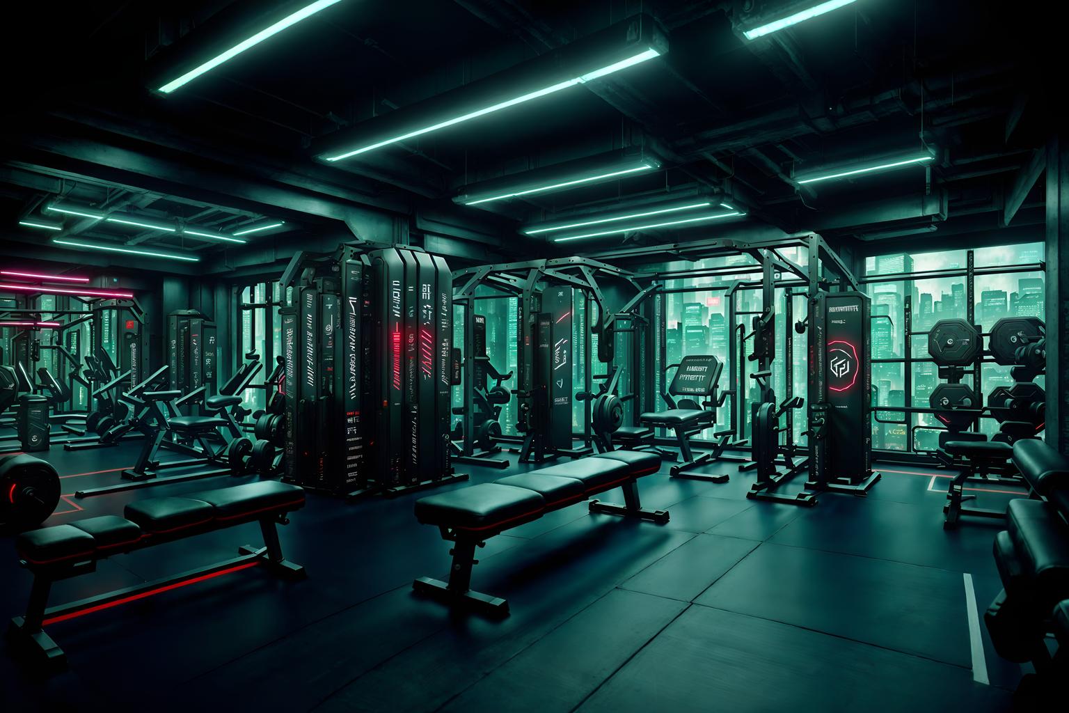 cyberpunk-style (fitness gym interior) with bench press and crosstrainer and squat rack and dumbbell stand and exercise bicycle and bench press. . with futuristic cybernetic city and surrealist paintings and dark night and military uniforms and gear and strong geometric walls and cyberpunk lights and futuristic cybernetic details and cyberpunk lights. . cinematic photo, highly detailed, cinematic lighting, ultra-detailed, ultrarealistic, photorealism, 8k. cyberpunk interior design style. masterpiece, cinematic light, ultrarealistic+, photorealistic+, 8k, raw photo, realistic, sharp focus on eyes, (symmetrical eyes), (intact eyes), hyperrealistic, highest quality, best quality, , highly detailed, masterpiece, best quality, extremely detailed 8k wallpaper, masterpiece, best quality, ultra-detailed, best shadow, detailed background, detailed face, detailed eyes, high contrast, best illumination, detailed face, dulux, caustic, dynamic angle, detailed glow. dramatic lighting. highly detailed, insanely detailed hair, symmetrical, intricate details, professionally retouched, 8k high definition. strong bokeh. award winning photo.